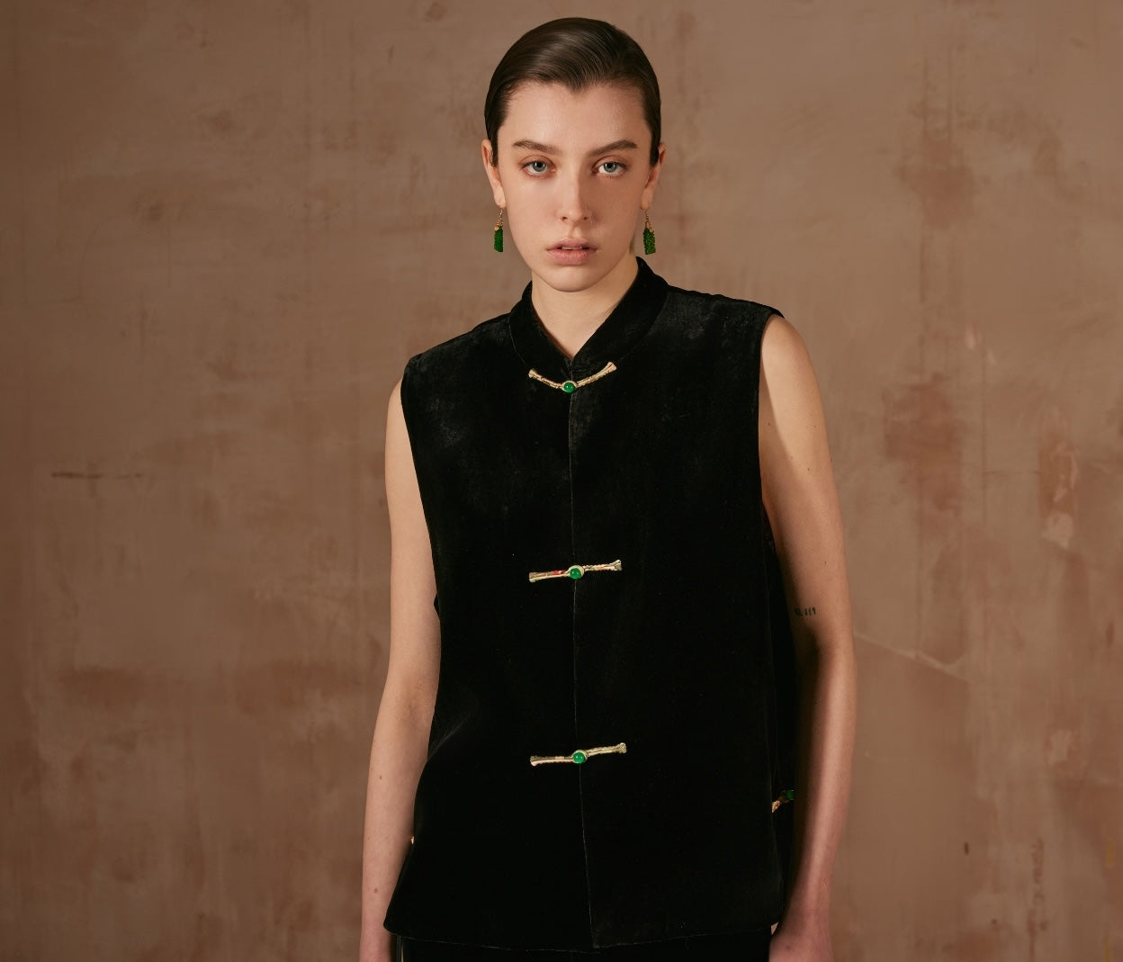 Black Velvet Vest with Green Button Details