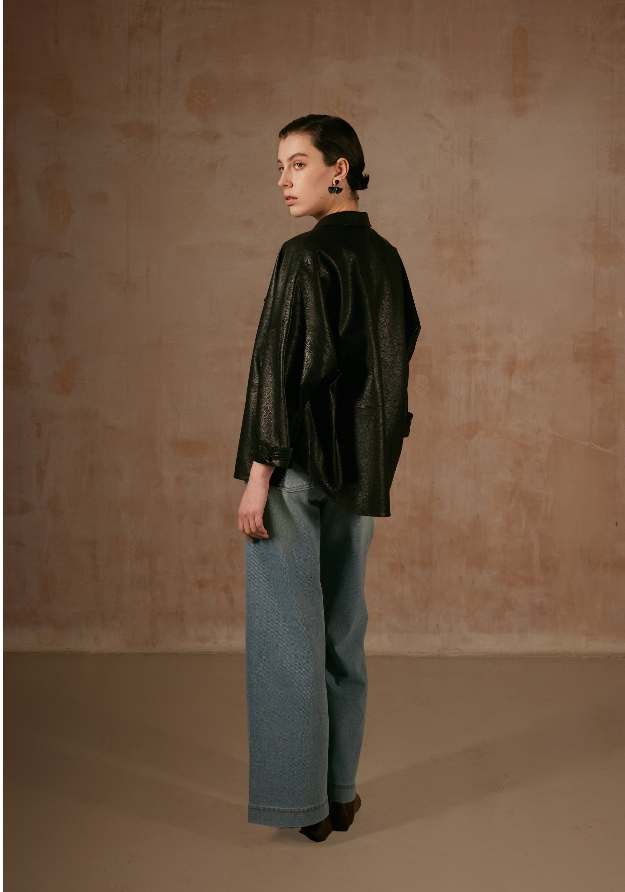 Black Leather Jacket with Button Details