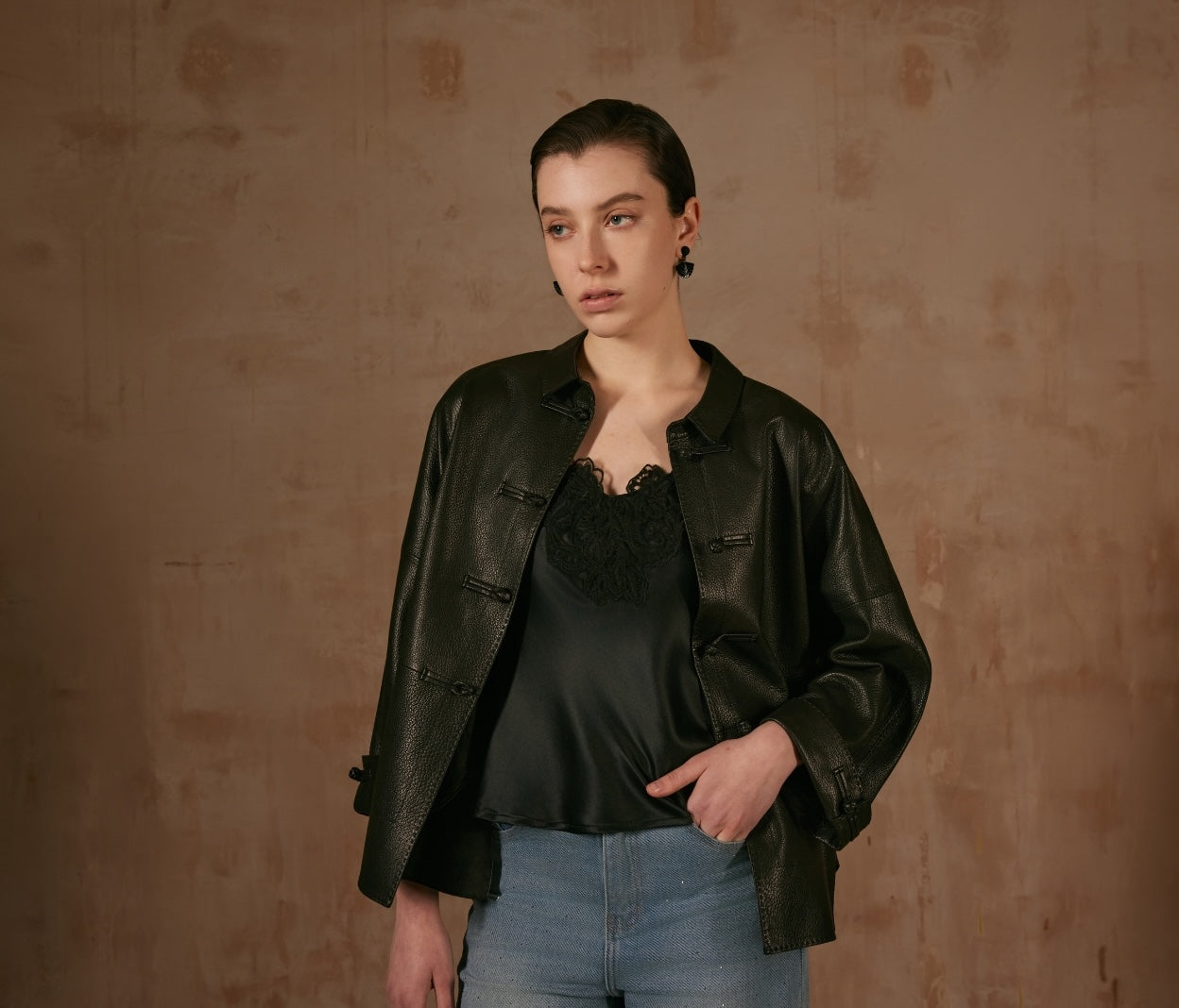 Black Leather Jacket with Button Details