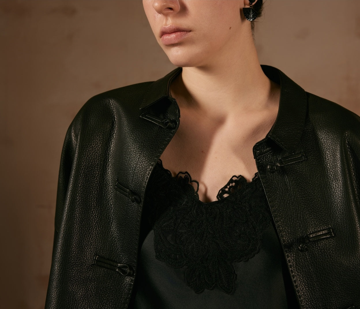 Black Leather Jacket with Button Details