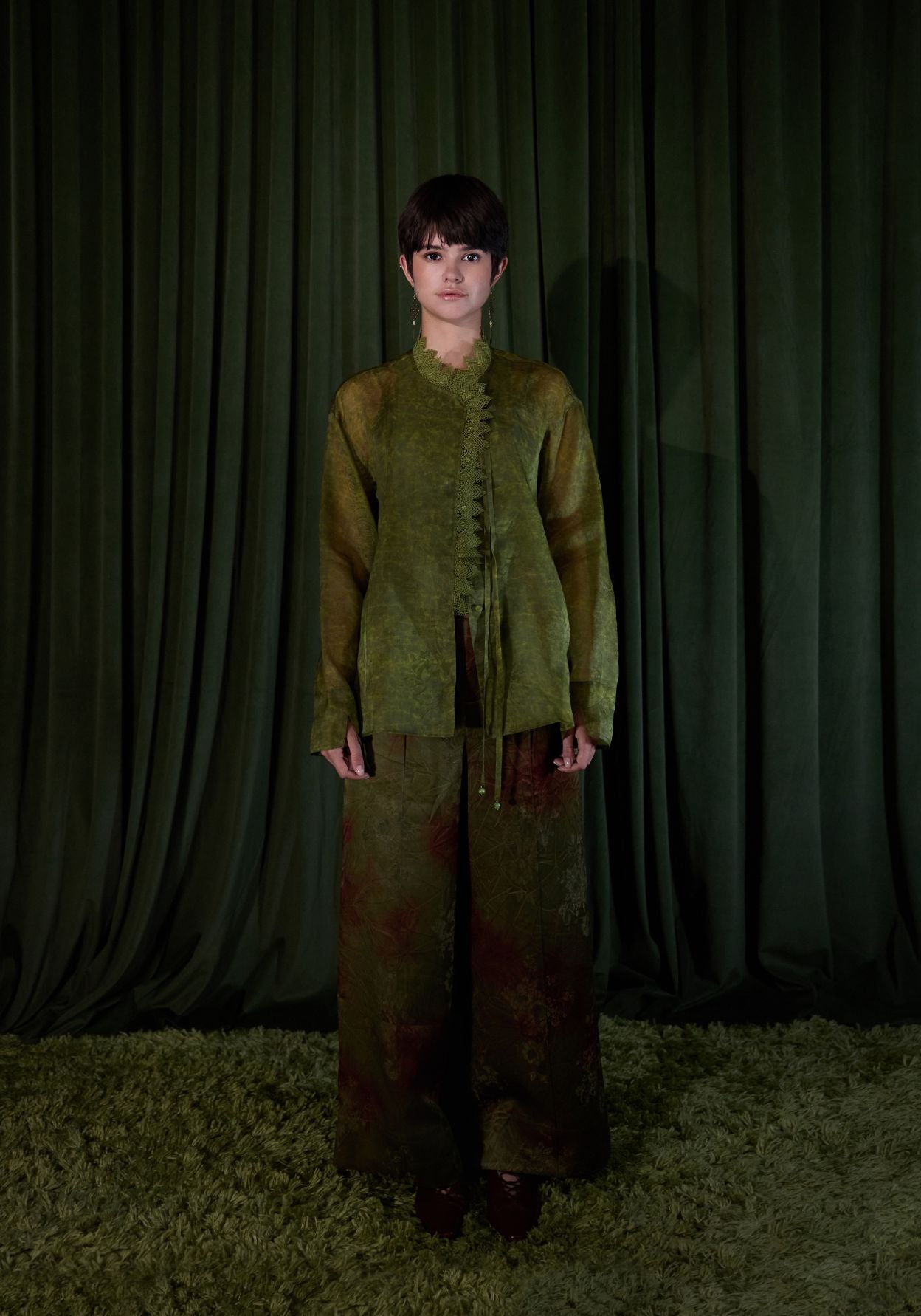 Green Silk Shirt with Lace Collar