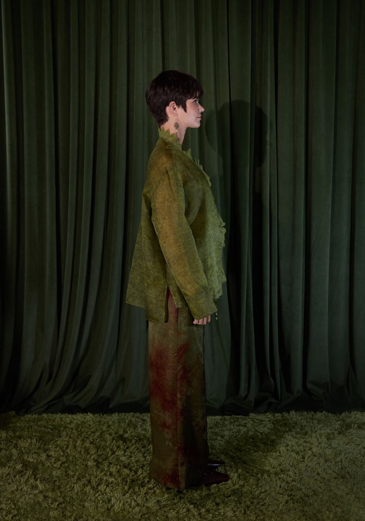 Green Silk Shirt with Lace Collar