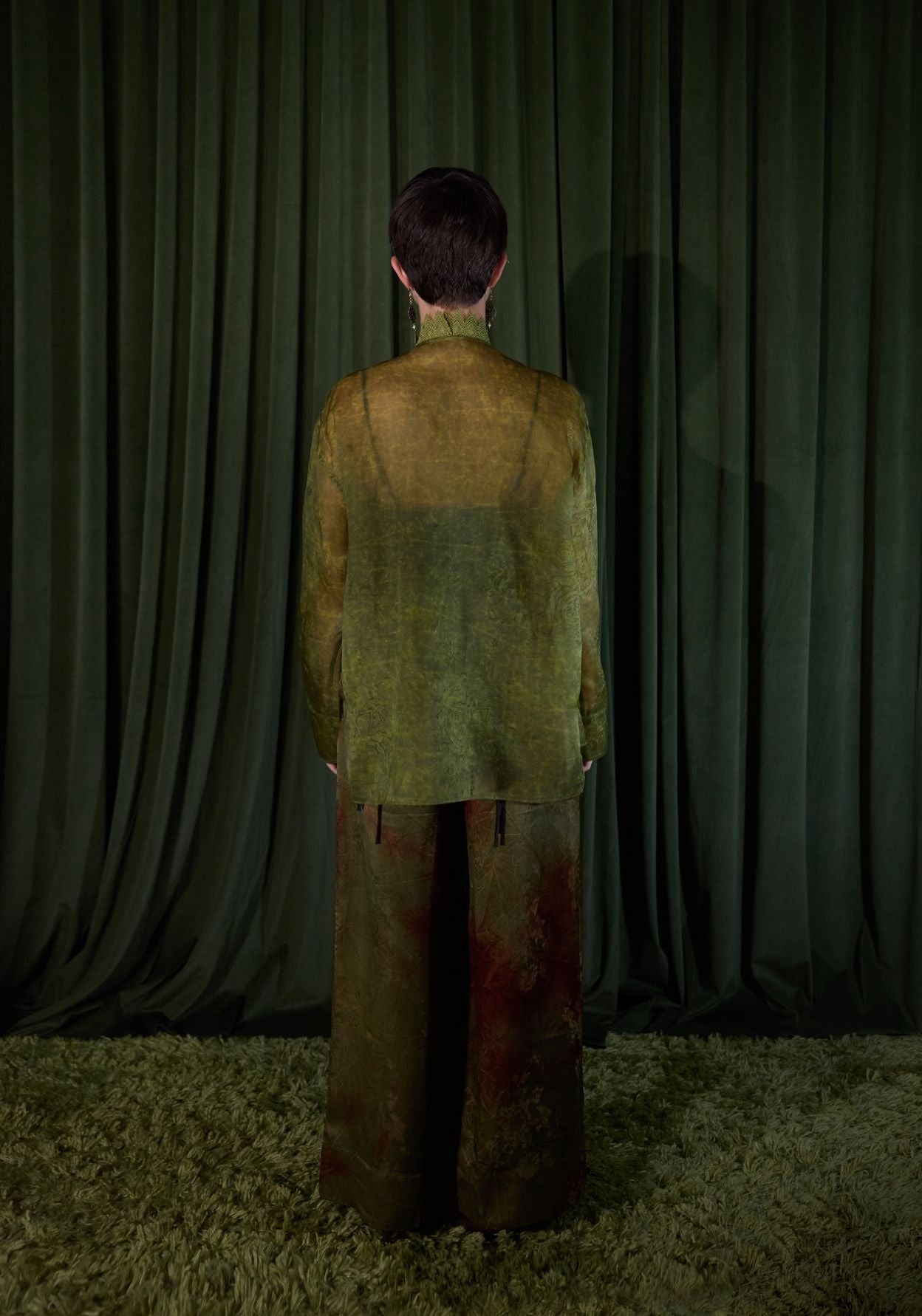 Green Silk Shirt with Lace Collar