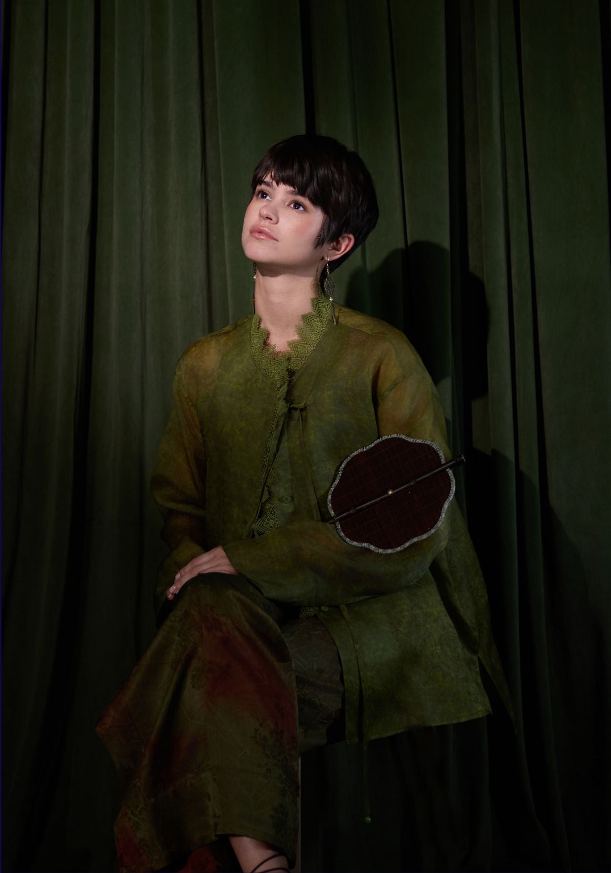 Green Silk Shirt with Lace Collar
