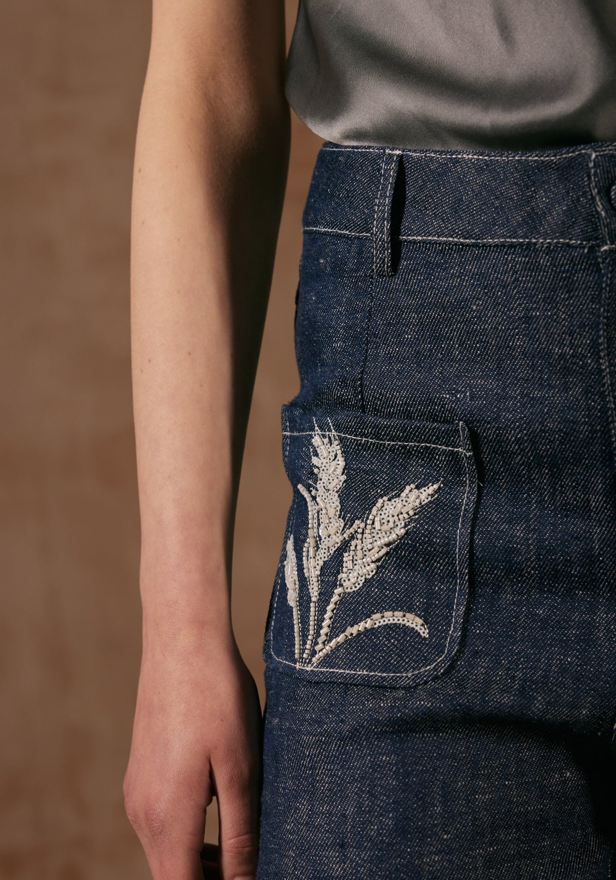 Straight Trousers with Bamboo Hand Embroidery