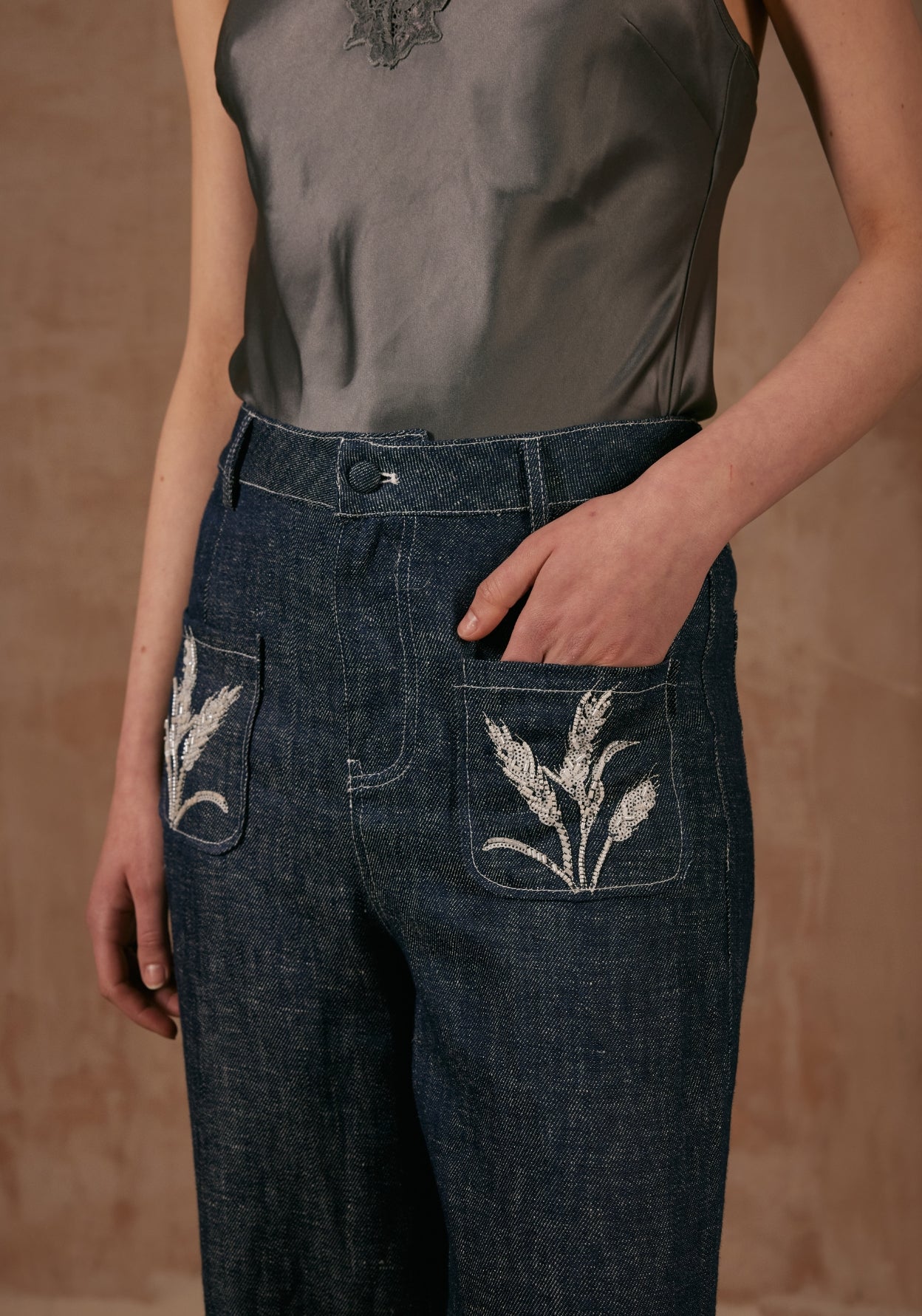 Straight Trousers with Bamboo Hand Embroidery