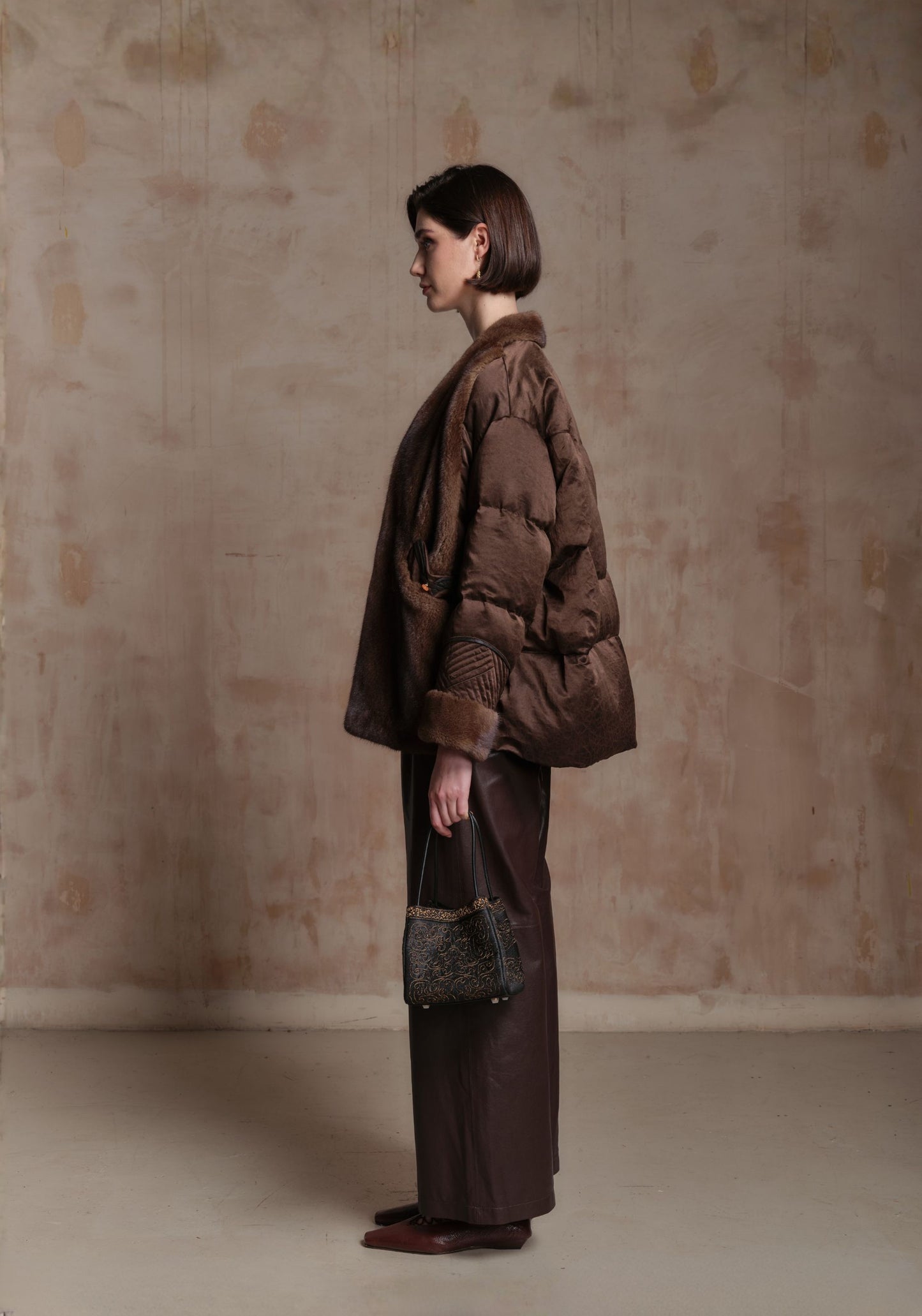 Brown Fur Puffer Jacket with Chinese Button Details