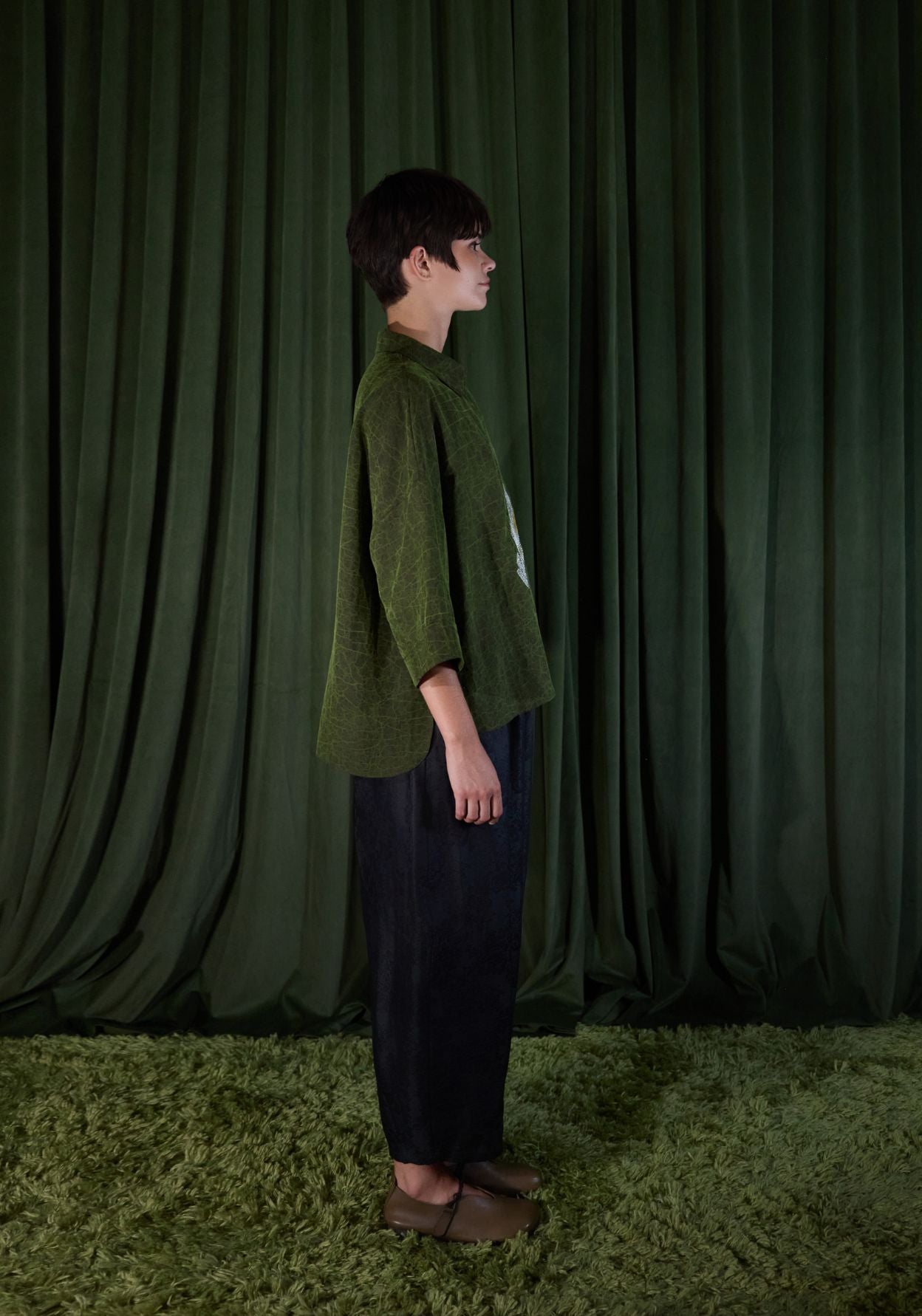Green Silk Shirt with Gold Embroidery