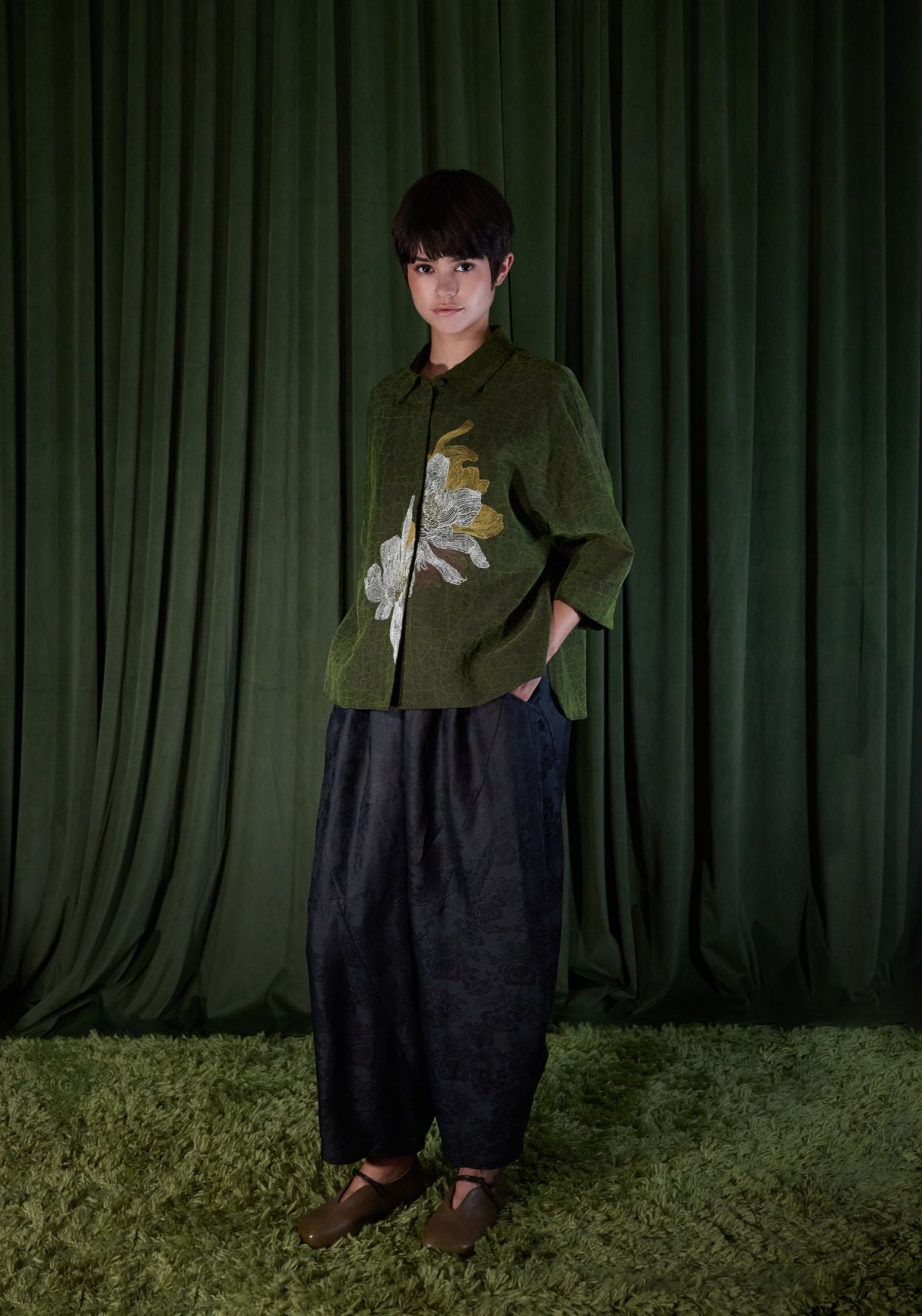 Green Silk Shirt with Gold Embroidery