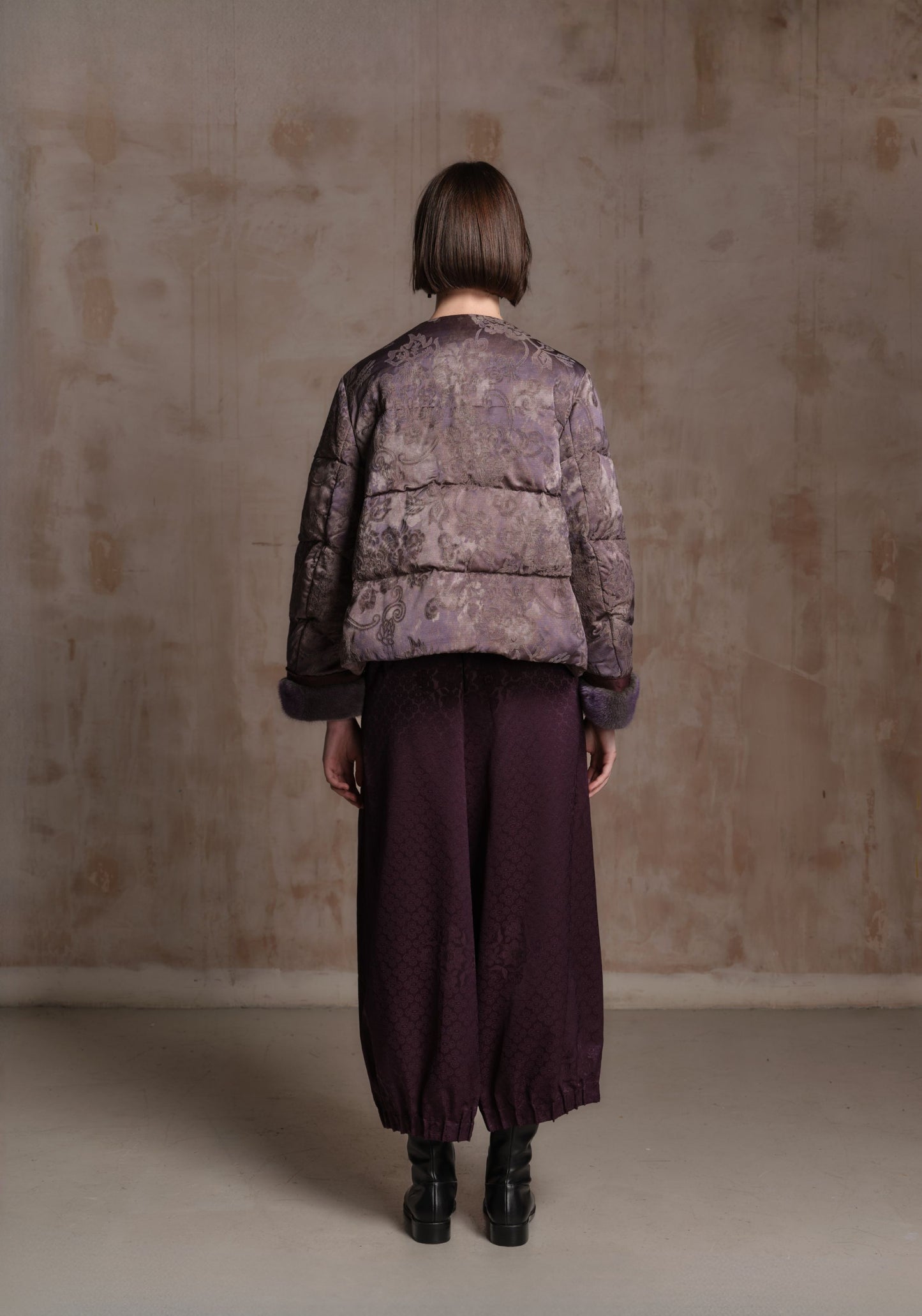 Purple Puffer Jacket with Fur Details