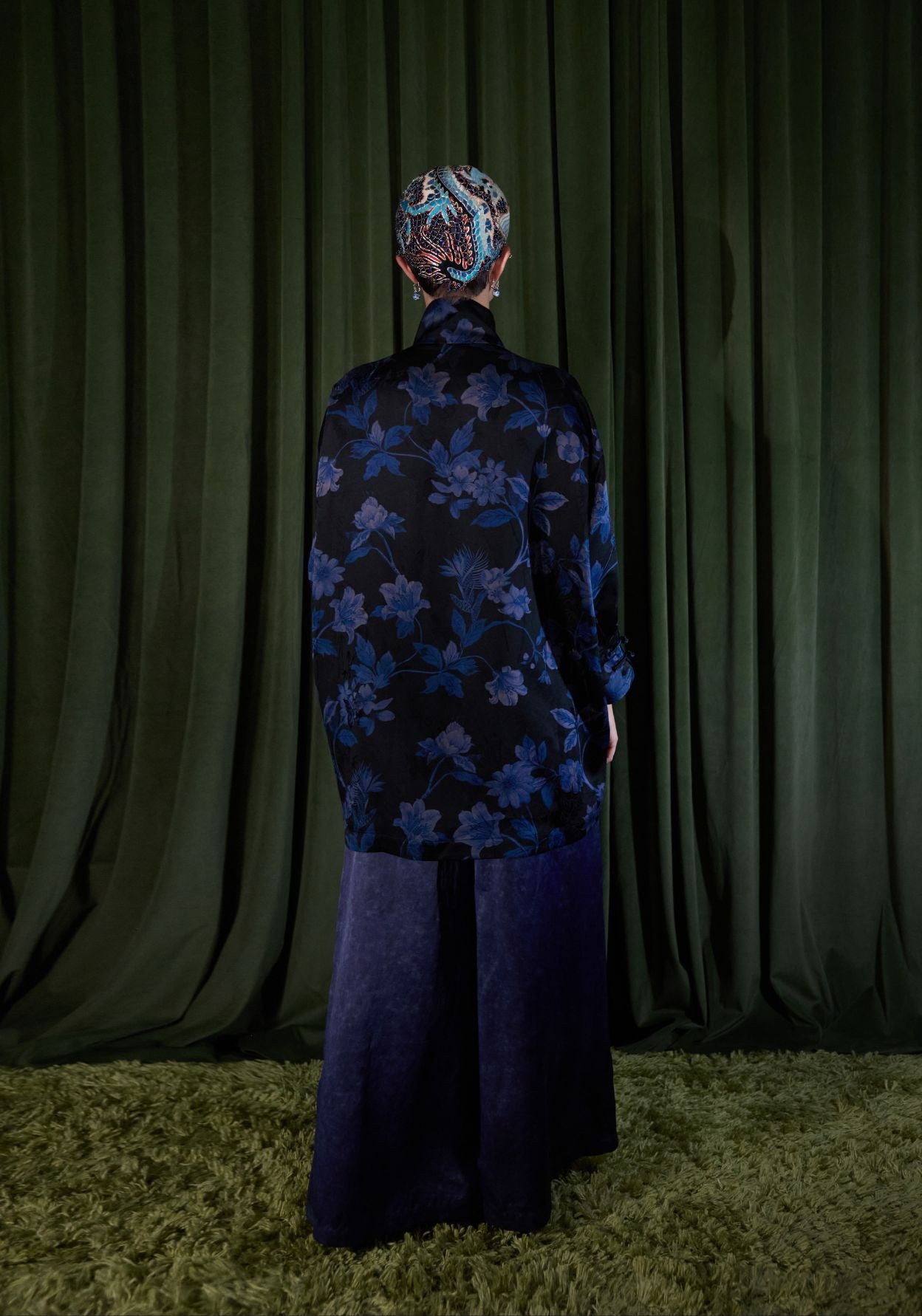 Black Silk Jacket with Blue Pattern