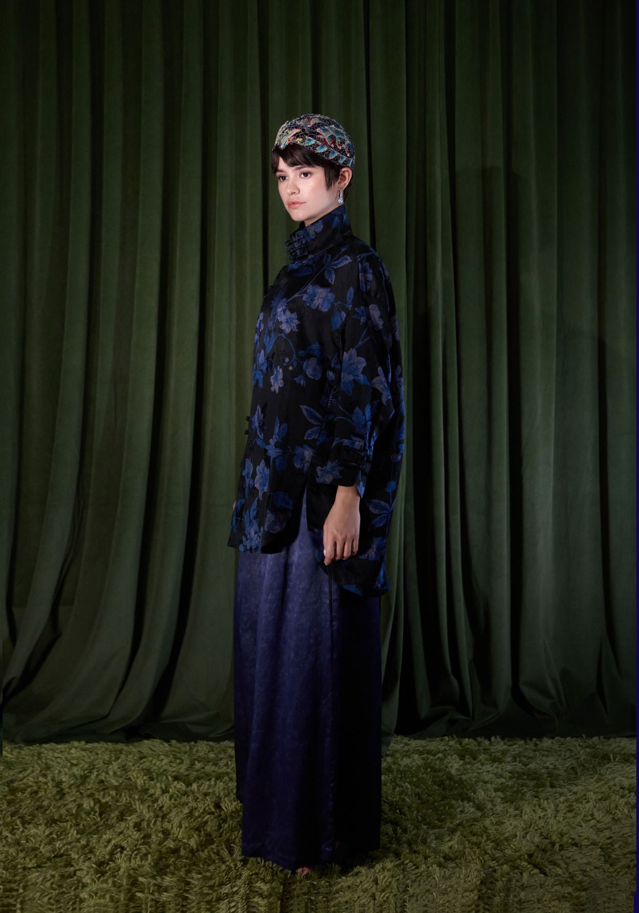 Black Silk Jacket with Blue Pattern
