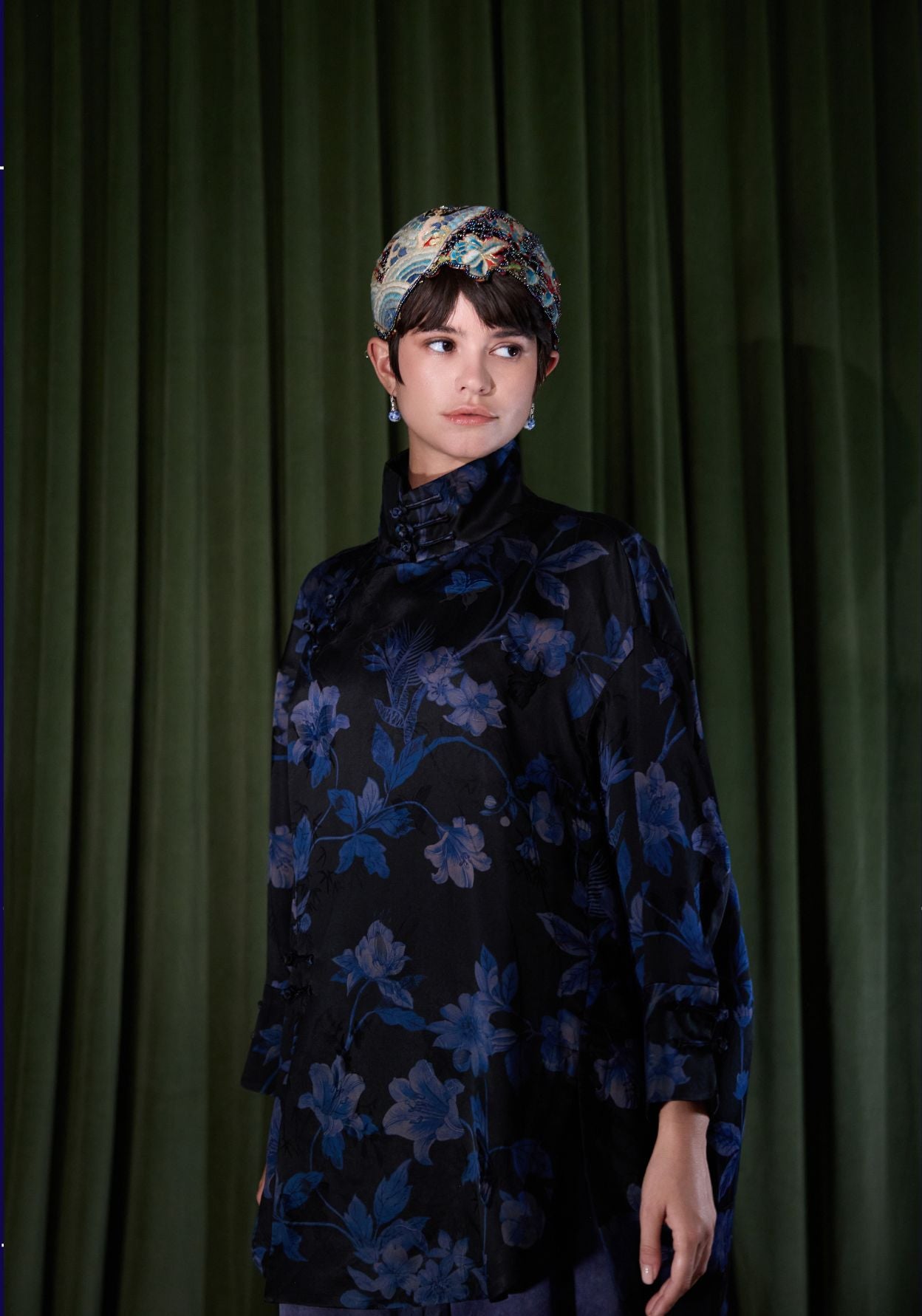 Black Silk Jacket with Blue Pattern