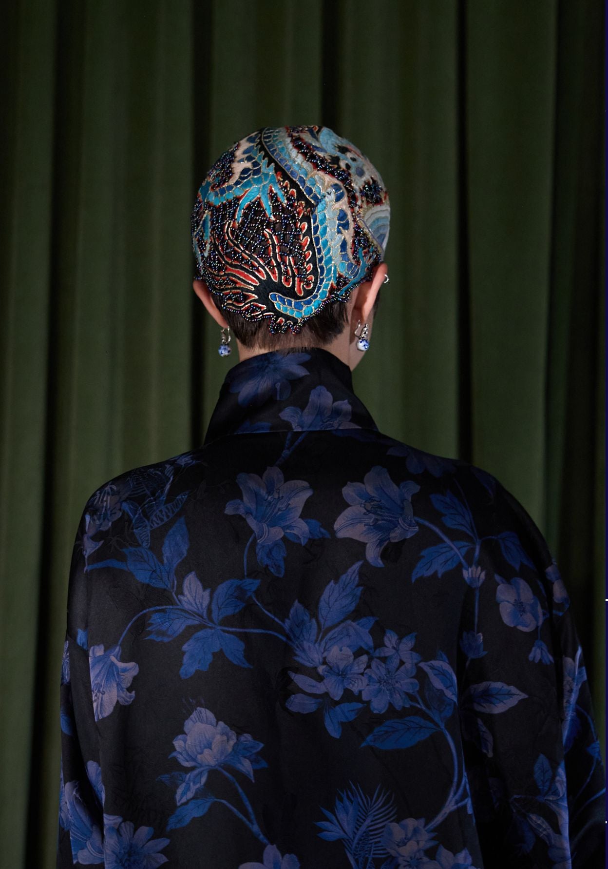 Black Silk Jacket with Blue Pattern