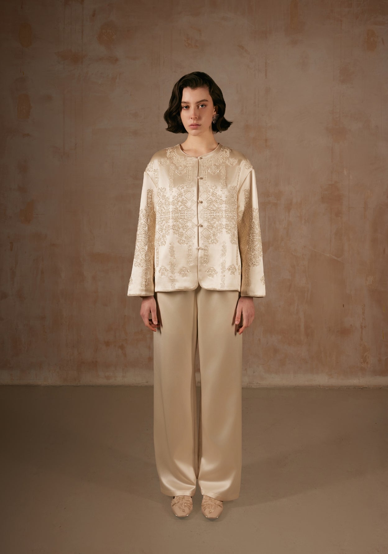 Cream Silk Jacket with Beadings
