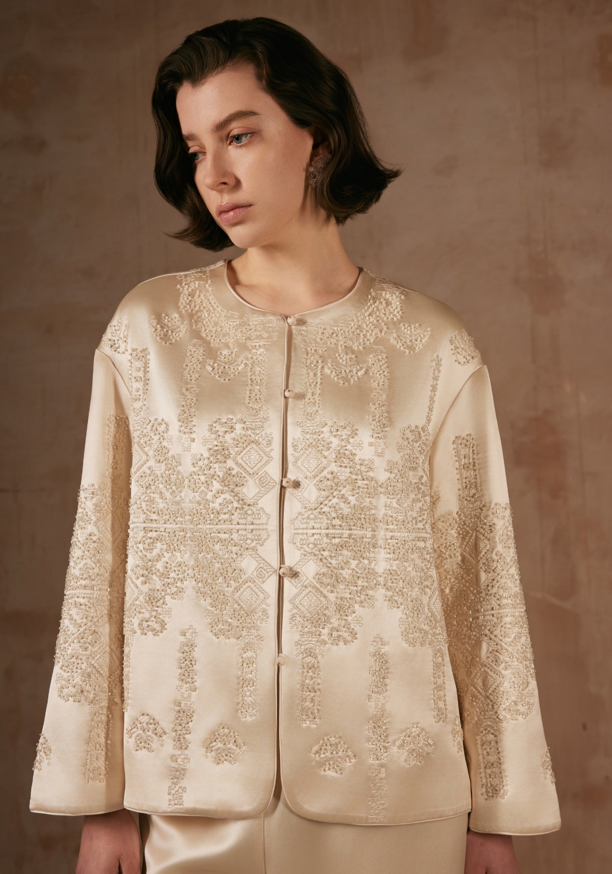 Cream Silk Jacket with Beadings