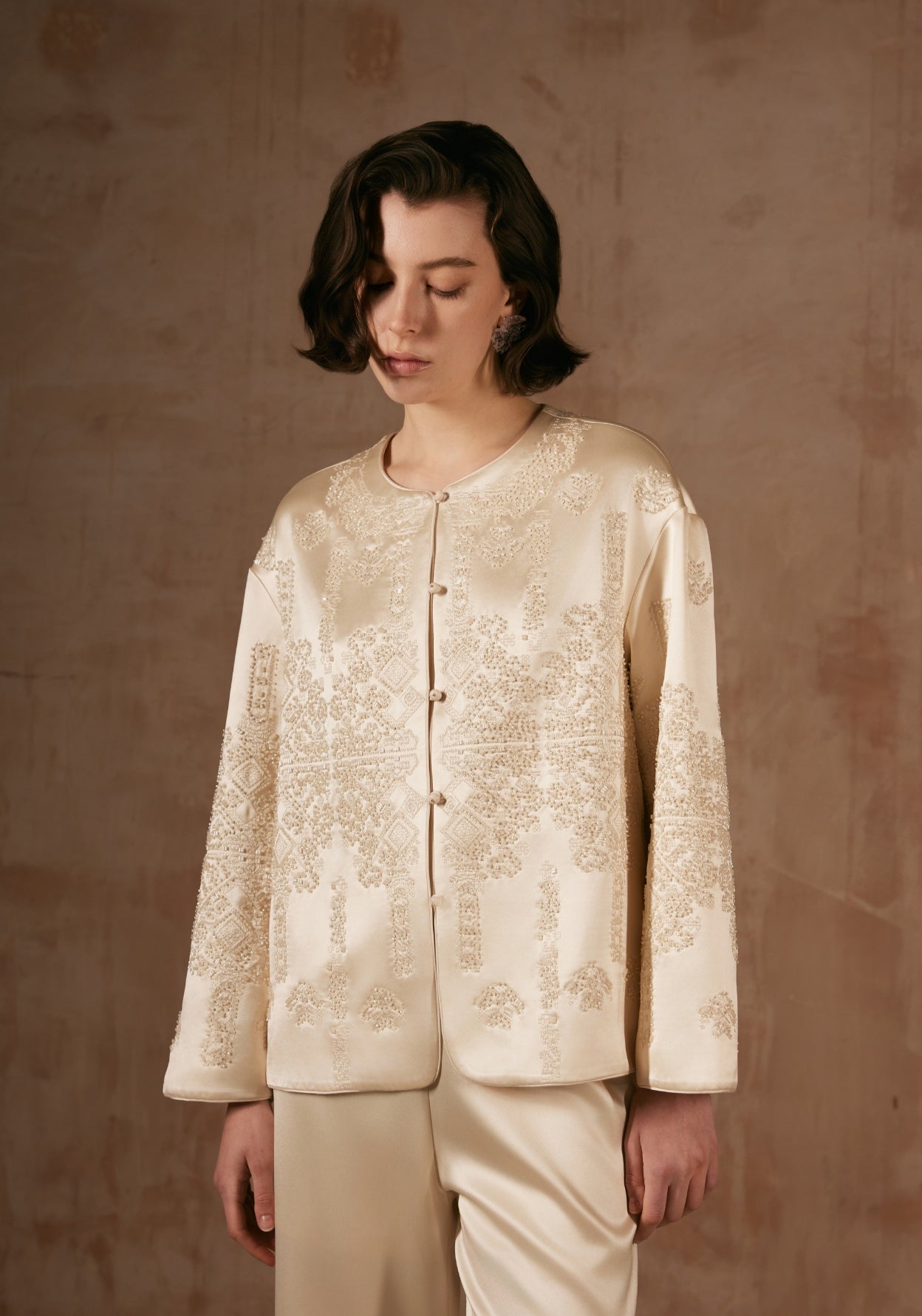 Cream Silk Jacket with Beadings