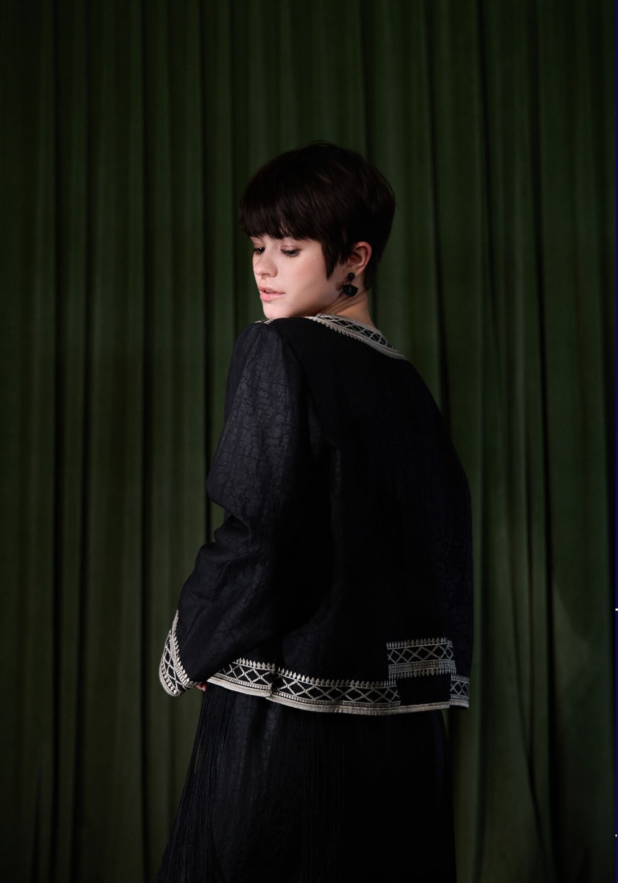 Black Mud-Dyed Silk Jacket with Gold Details