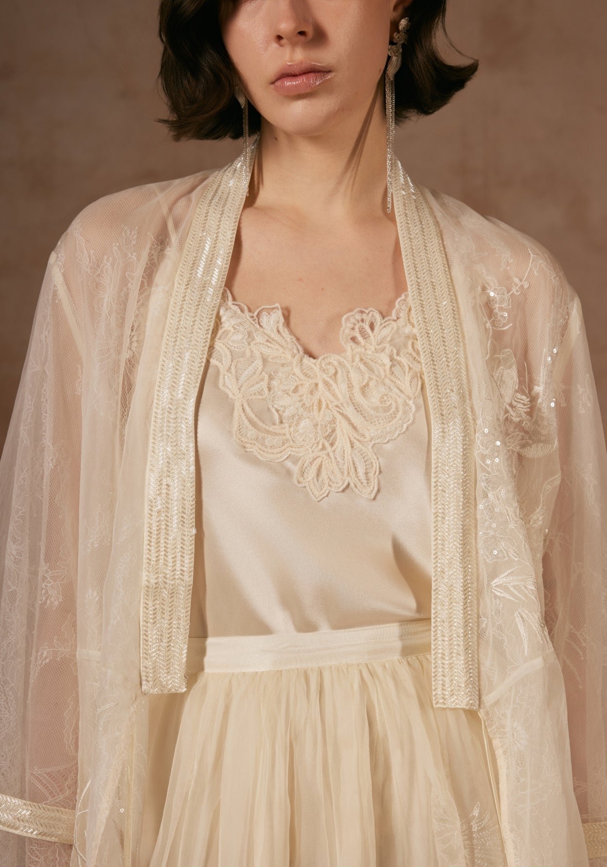 White Lace Silk Shirt with Beadings