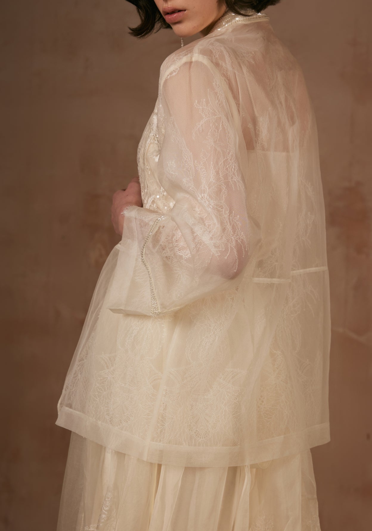 White Lace Silk Shirt with Beadings