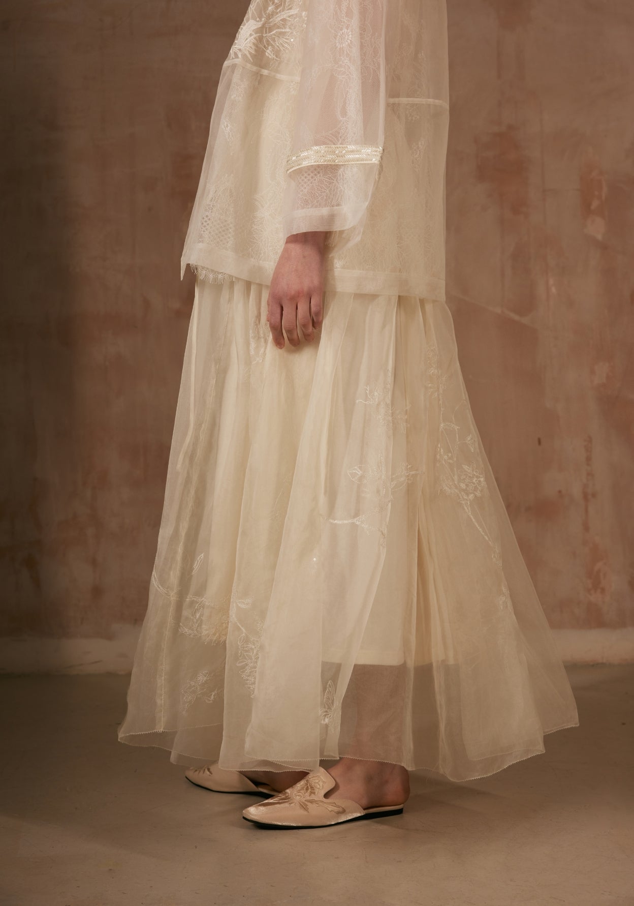White Silk Skirt with Flower Embroidery