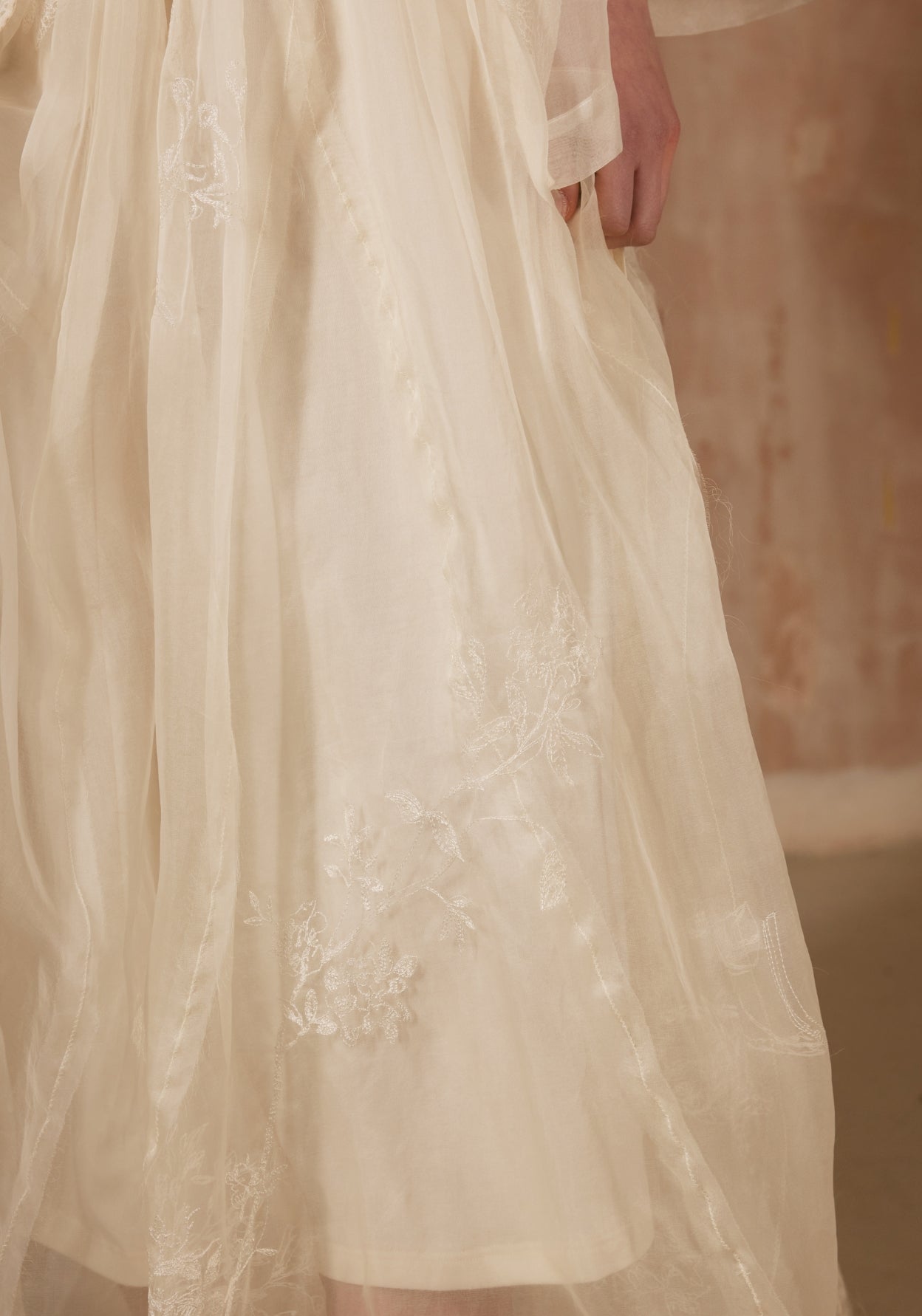 White Silk Skirt with Flower Embroidery