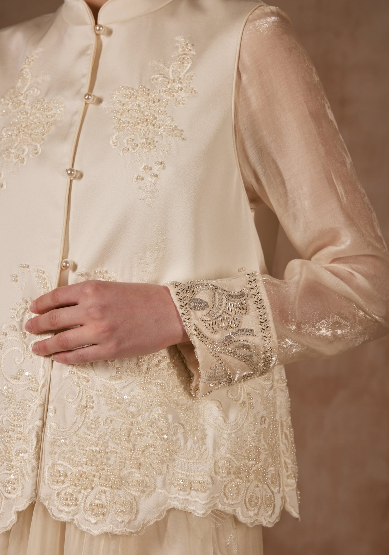 White Beading Vest with Mandarin collar