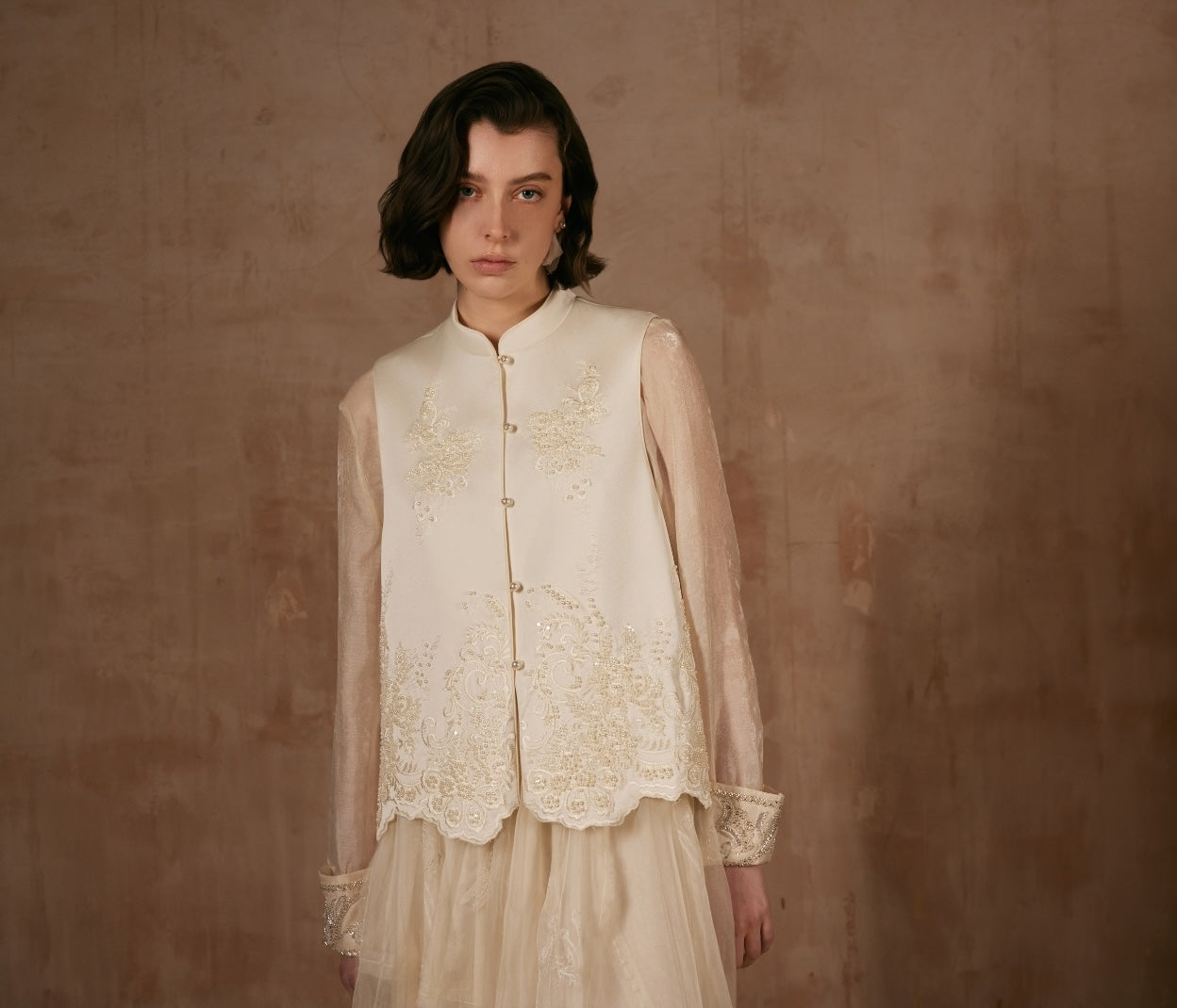 White Beading Vest with Mandarin collar
