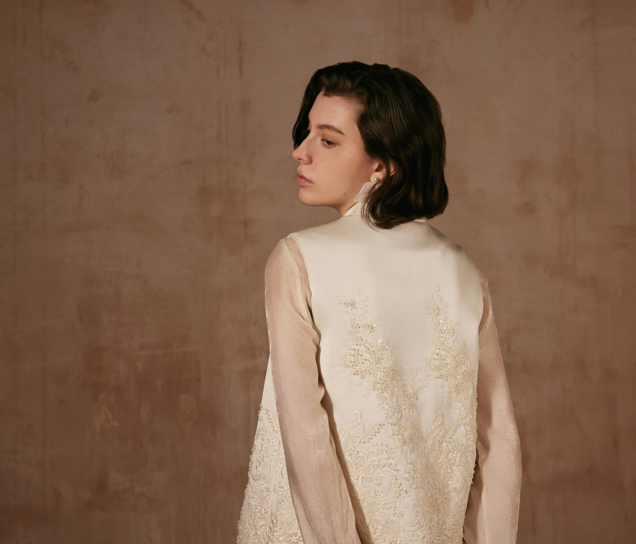White Beading Vest with Mandarin collar