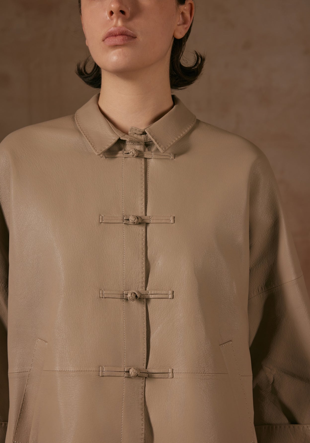 Cream Leather Jacket with Button Details