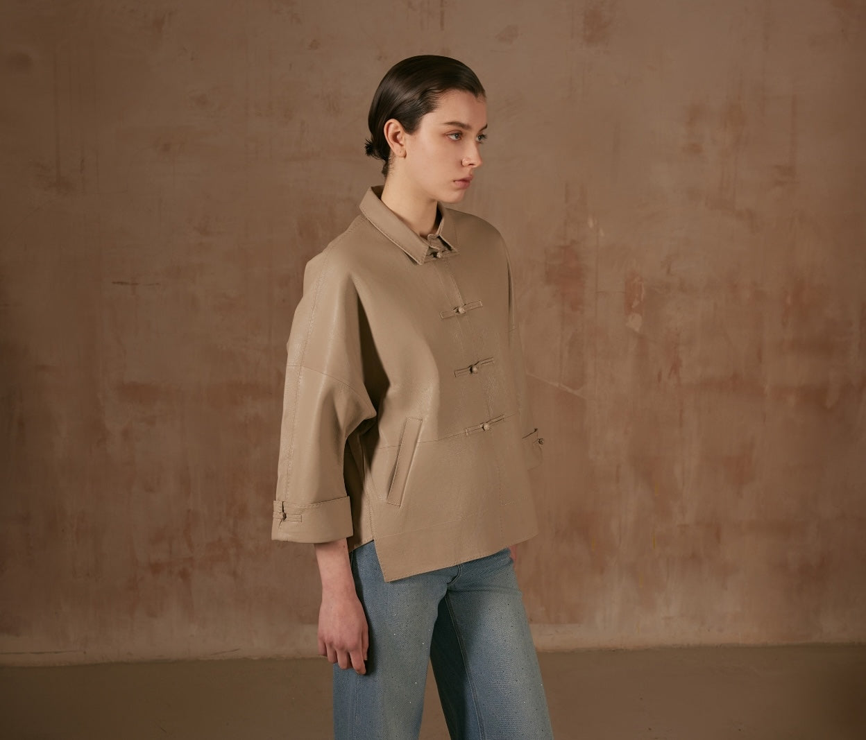 Cream Leather Jacket with Button Details