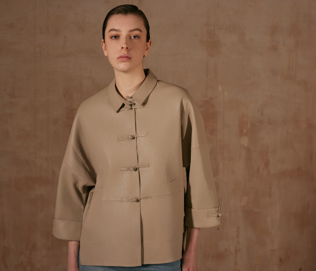 Cream Leather Jacket with Button Details