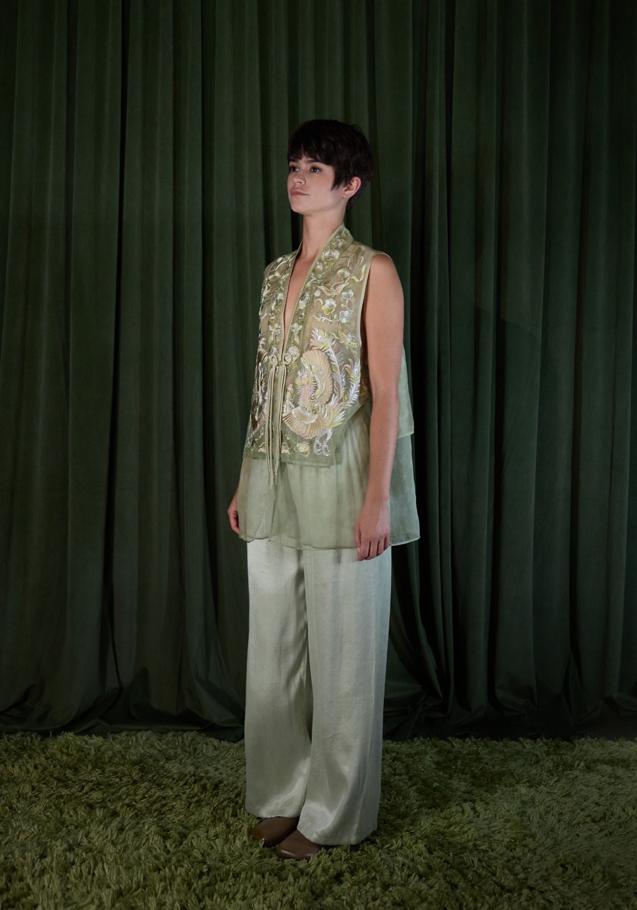 Light Green Organza Vest with Embroidery Details