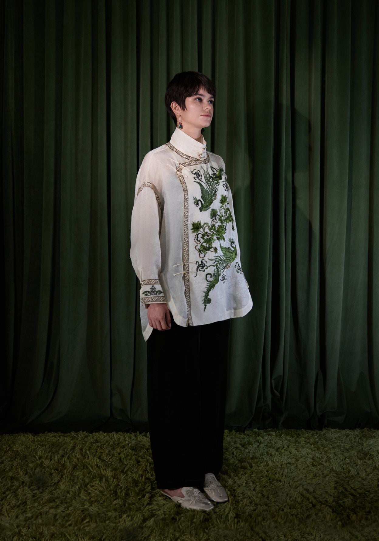 White Silk Shirt with Green Embroidery
