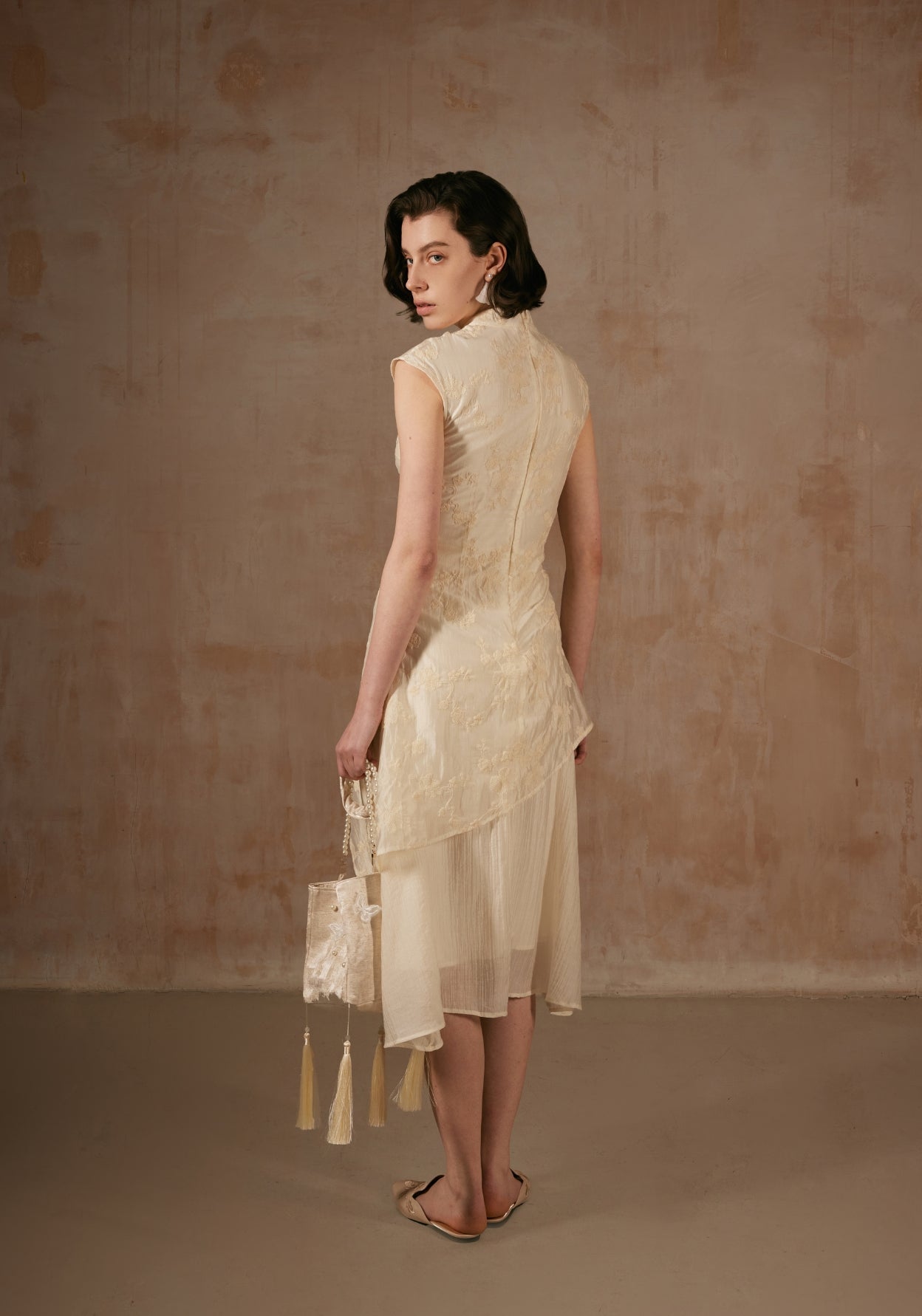 Cream Dress with Mandarin collar