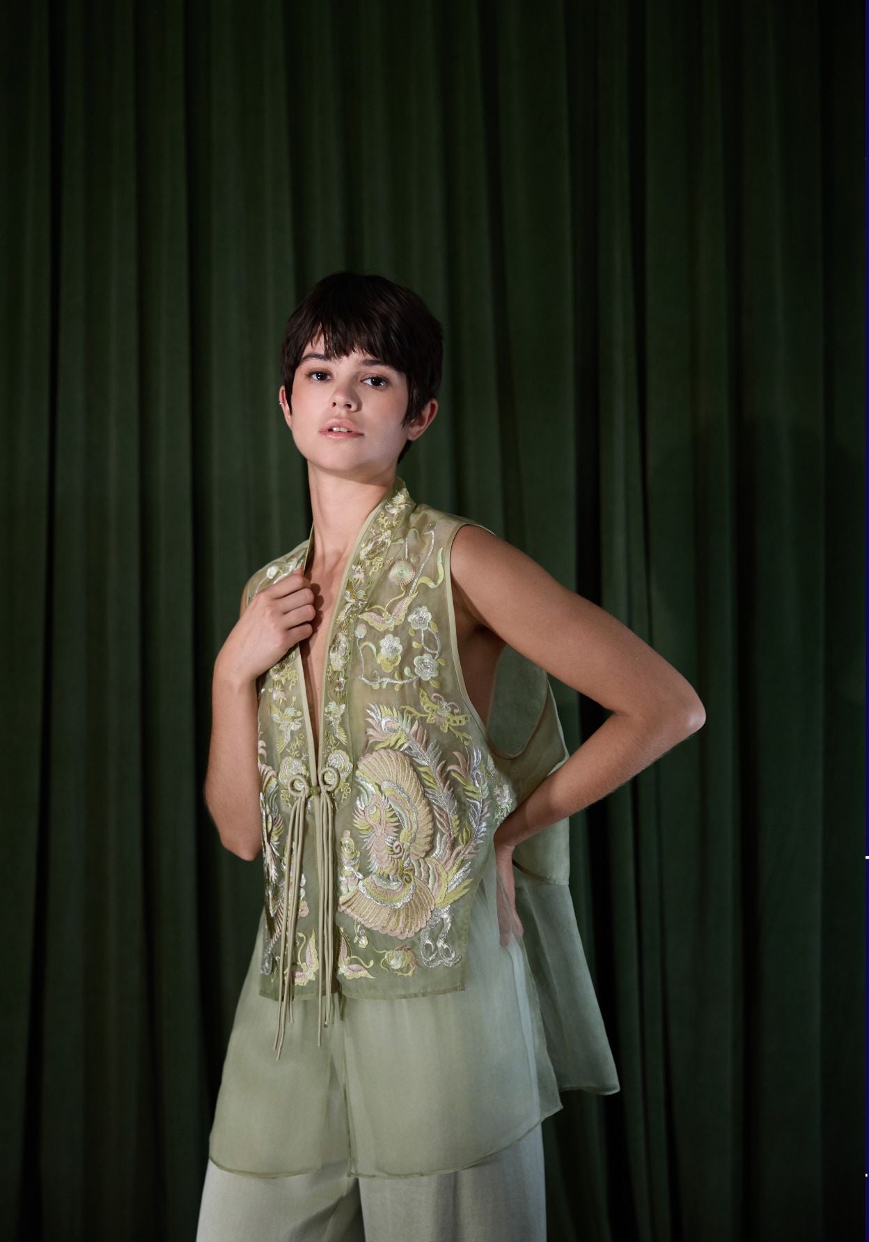 Light Green Organza Vest with Embroidery Details