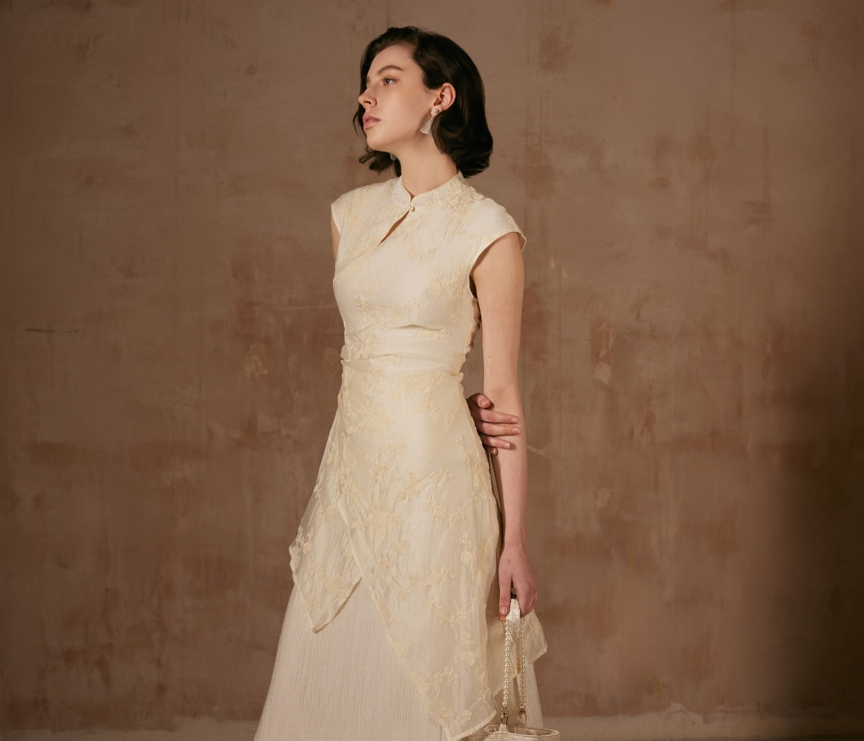 Cream Dress with Mandarin collar