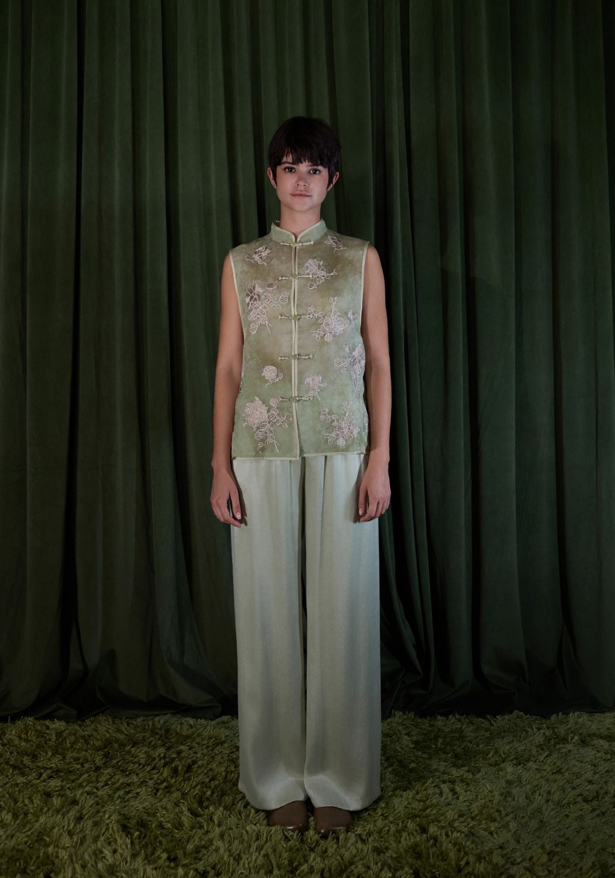 Light Green Vest with Mandarin Collar