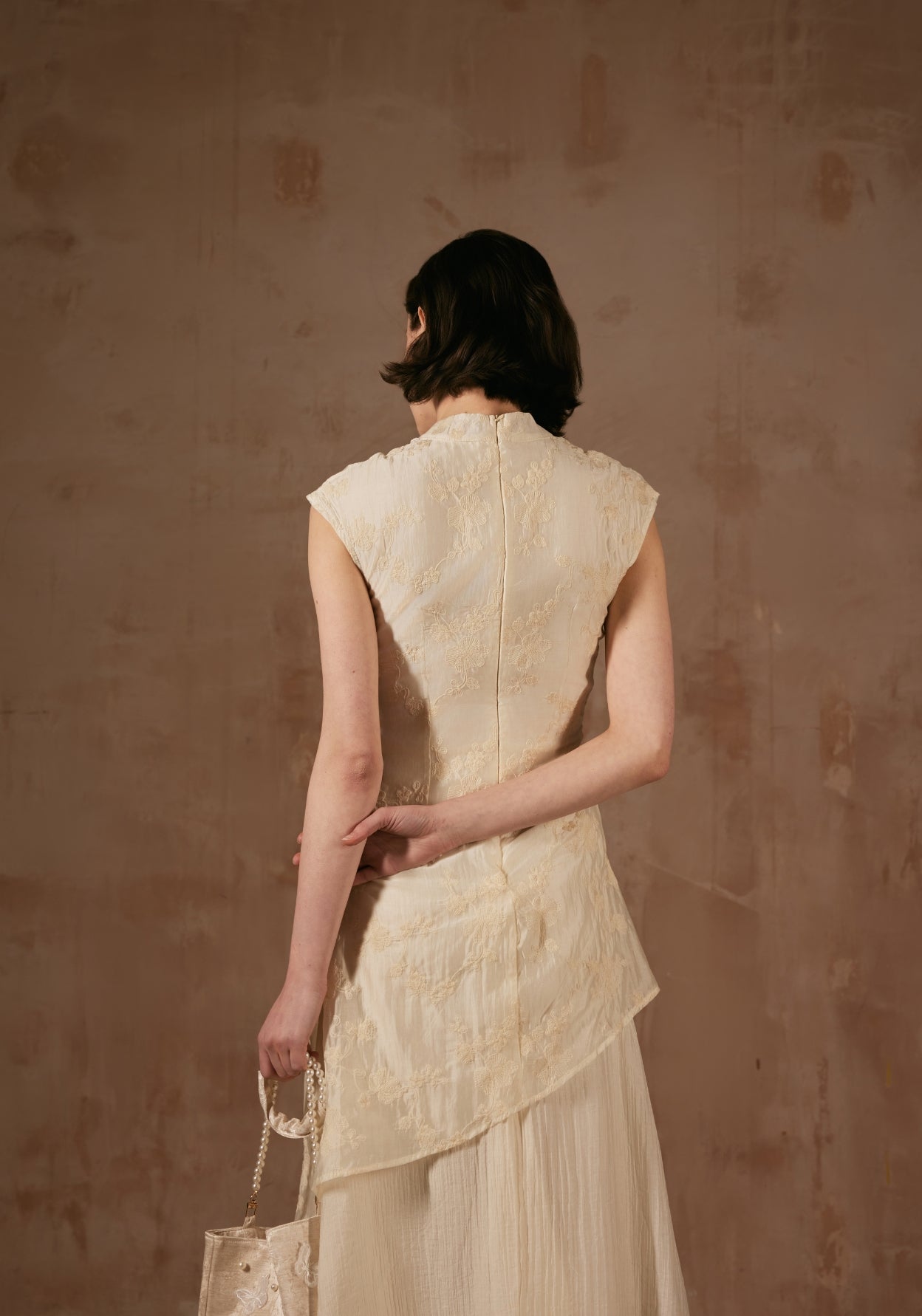 Cream Dress with Mandarin collar
