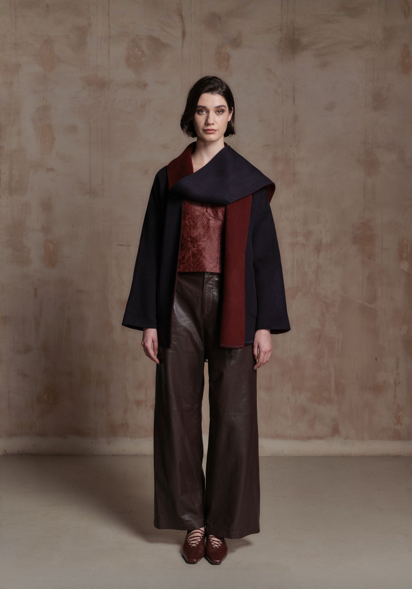 Navy and Burgundy Cashmere Coat with Tassel Details