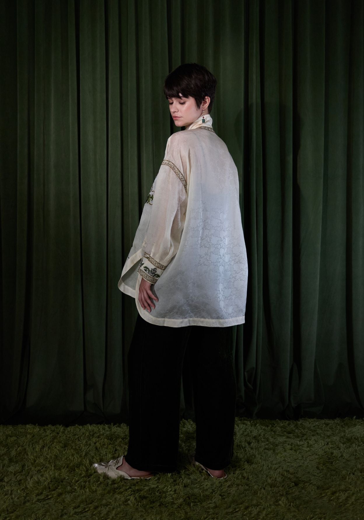 White Silk Shirt with Green Embroidery