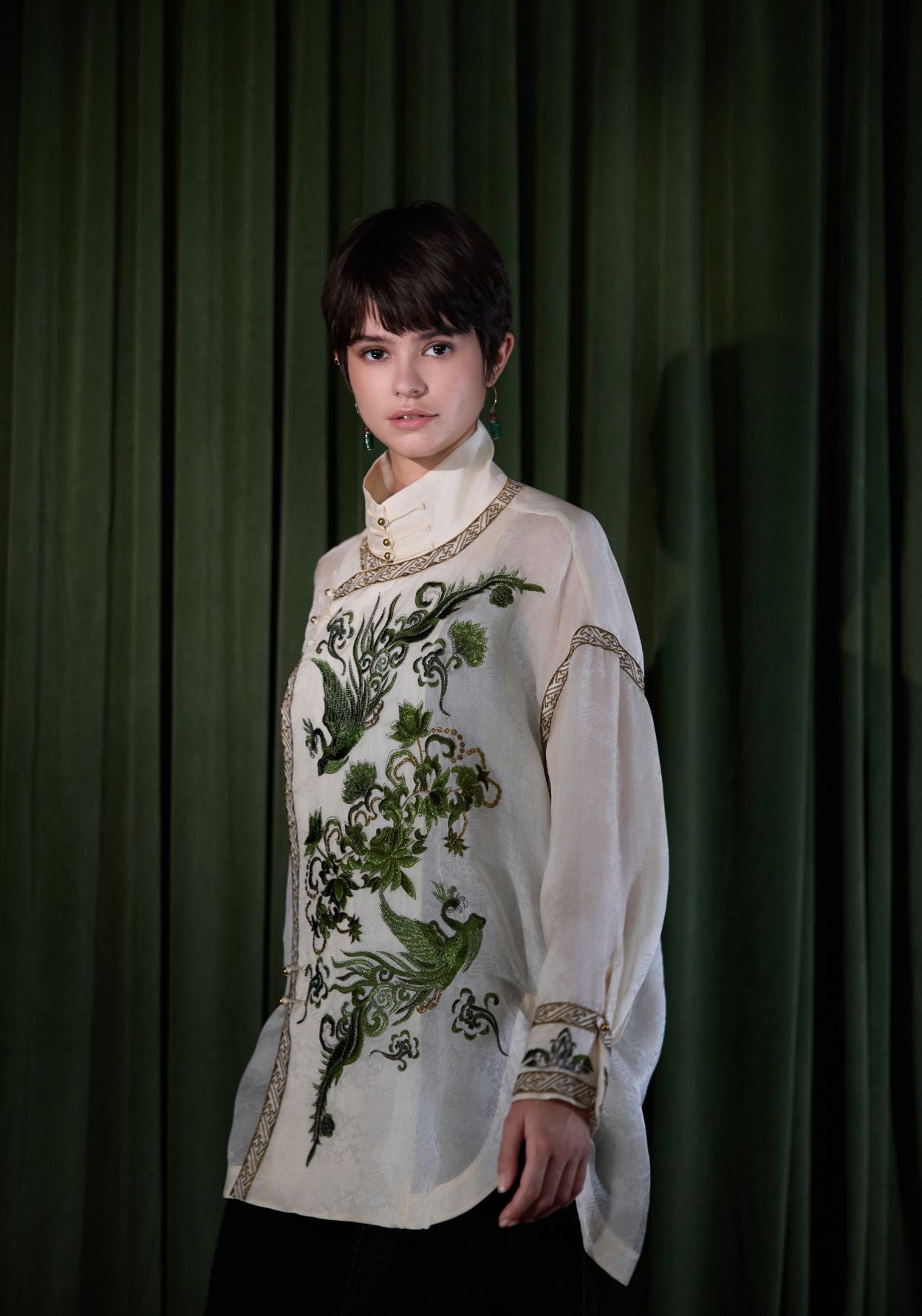 White Silk Shirt with Green Embroidery