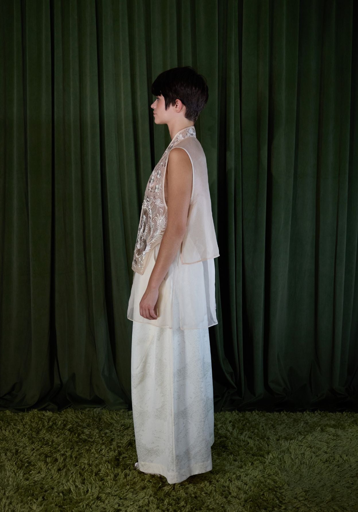 Beige Organza Vest with Embroidery Details