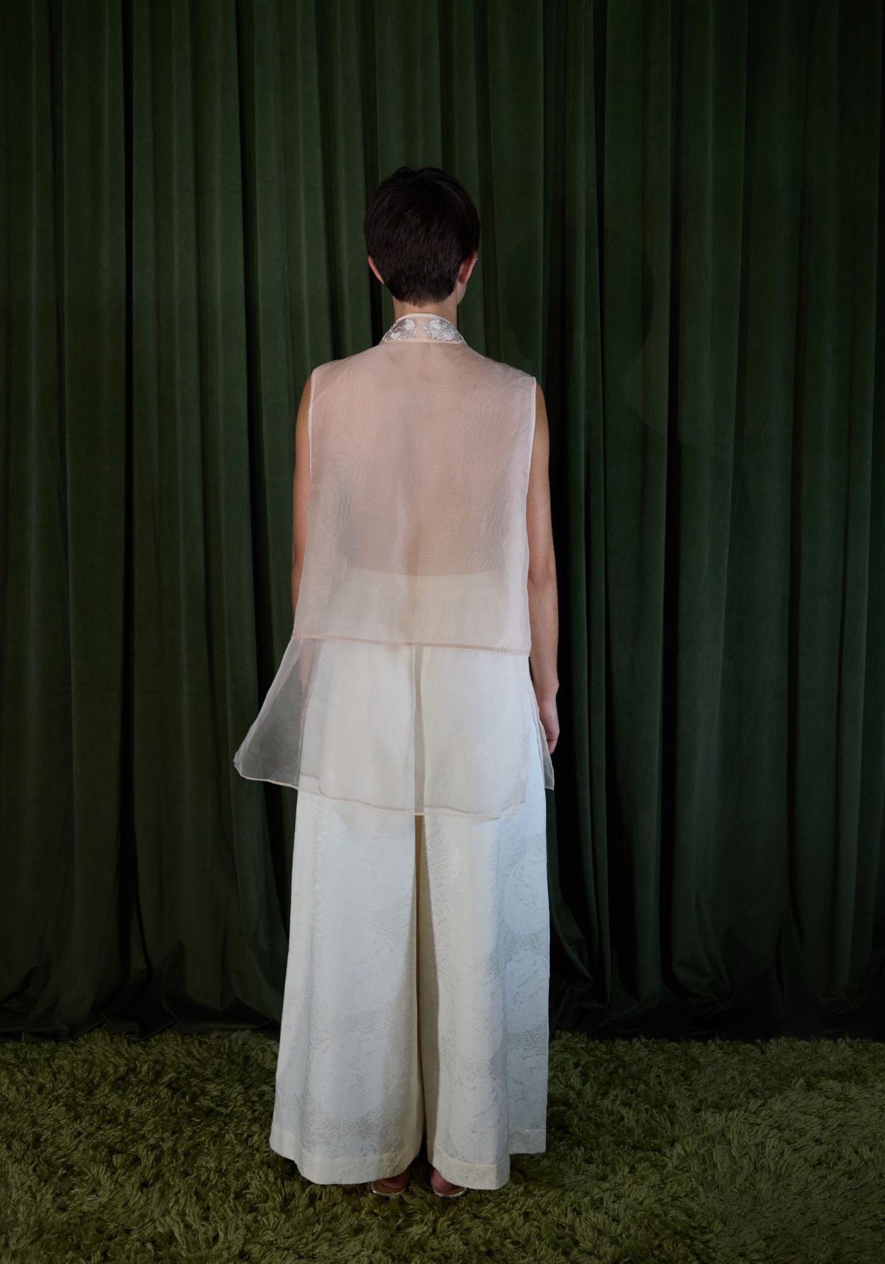 Beige Organza Vest with Embroidery Details