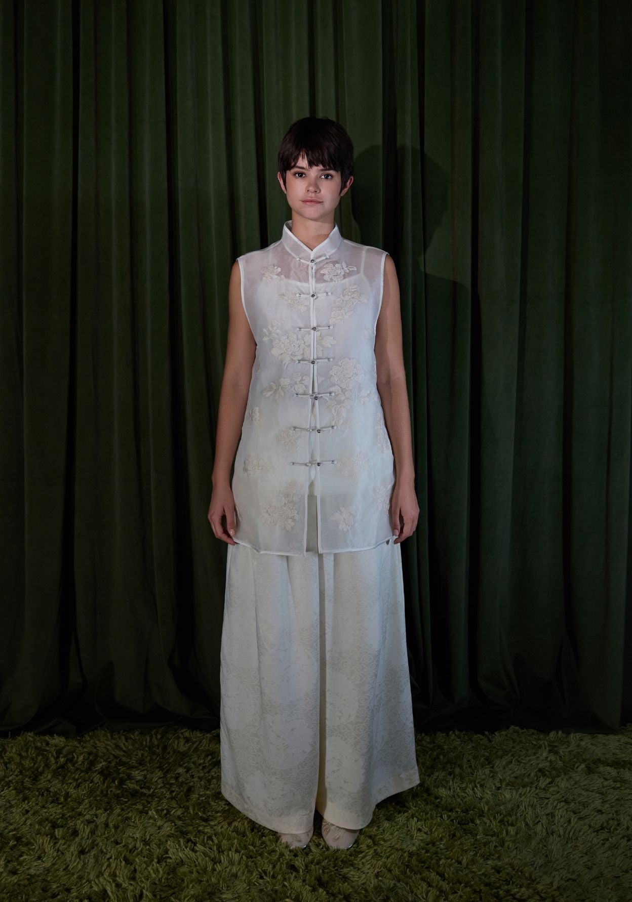 White Vest with Mandarin Collar and Embroidery Details