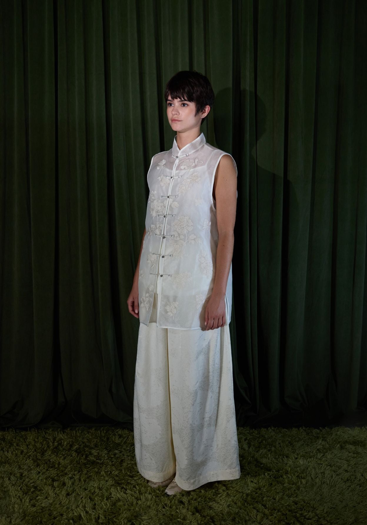 White Vest with Mandarin Collar and Embroidery Details