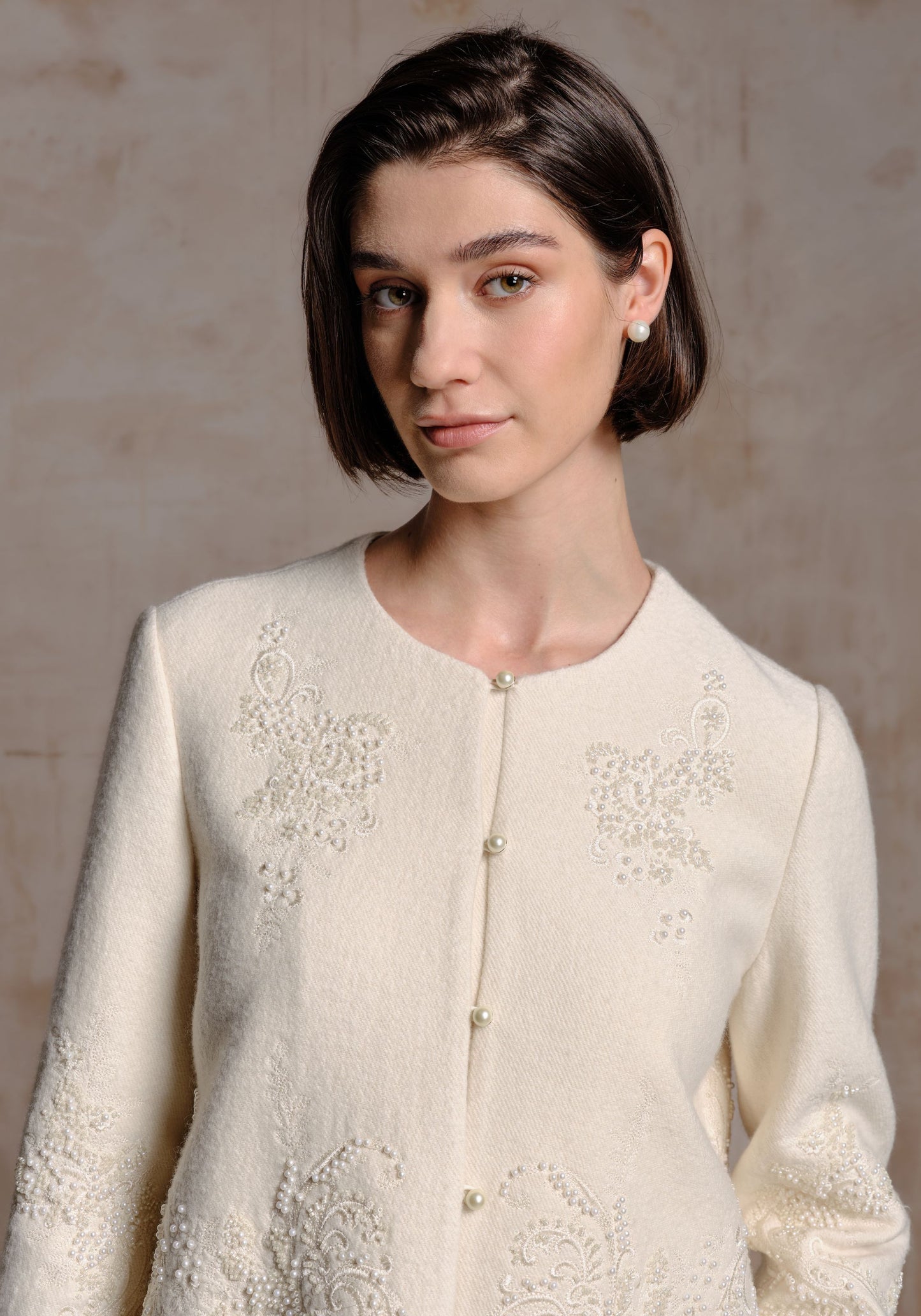 White Wool Jacket with Pearl Details