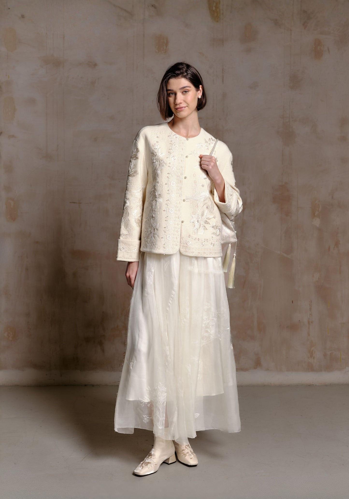 Cream Wool Jacket with Beading Details