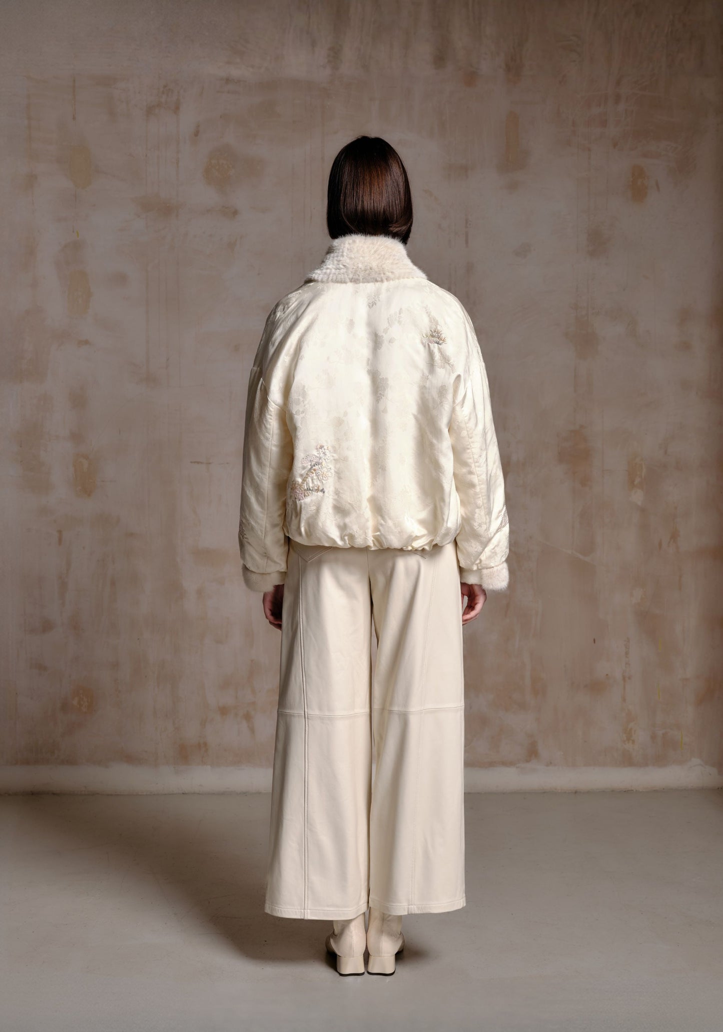 White Puffer Jacket with Hand-woven Fur Collar