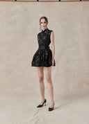 Floral Textured Mini Dress with Mandarin Collar — Black